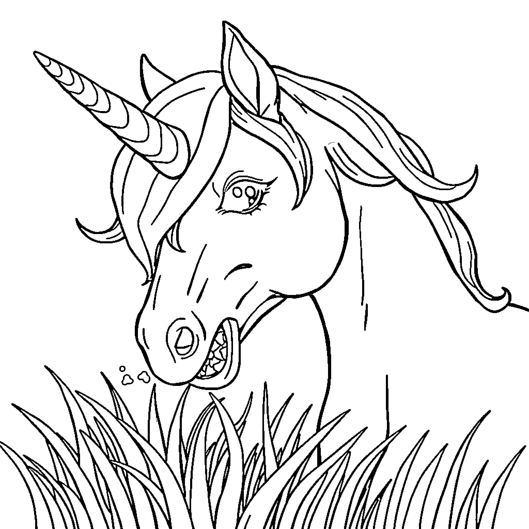 Unicorn gazing curiously in the meadow Coloring Page (free black-and-white line drawing printable PDF for all, from beginners to advanced learners, including children, teens, adults, and seniors)