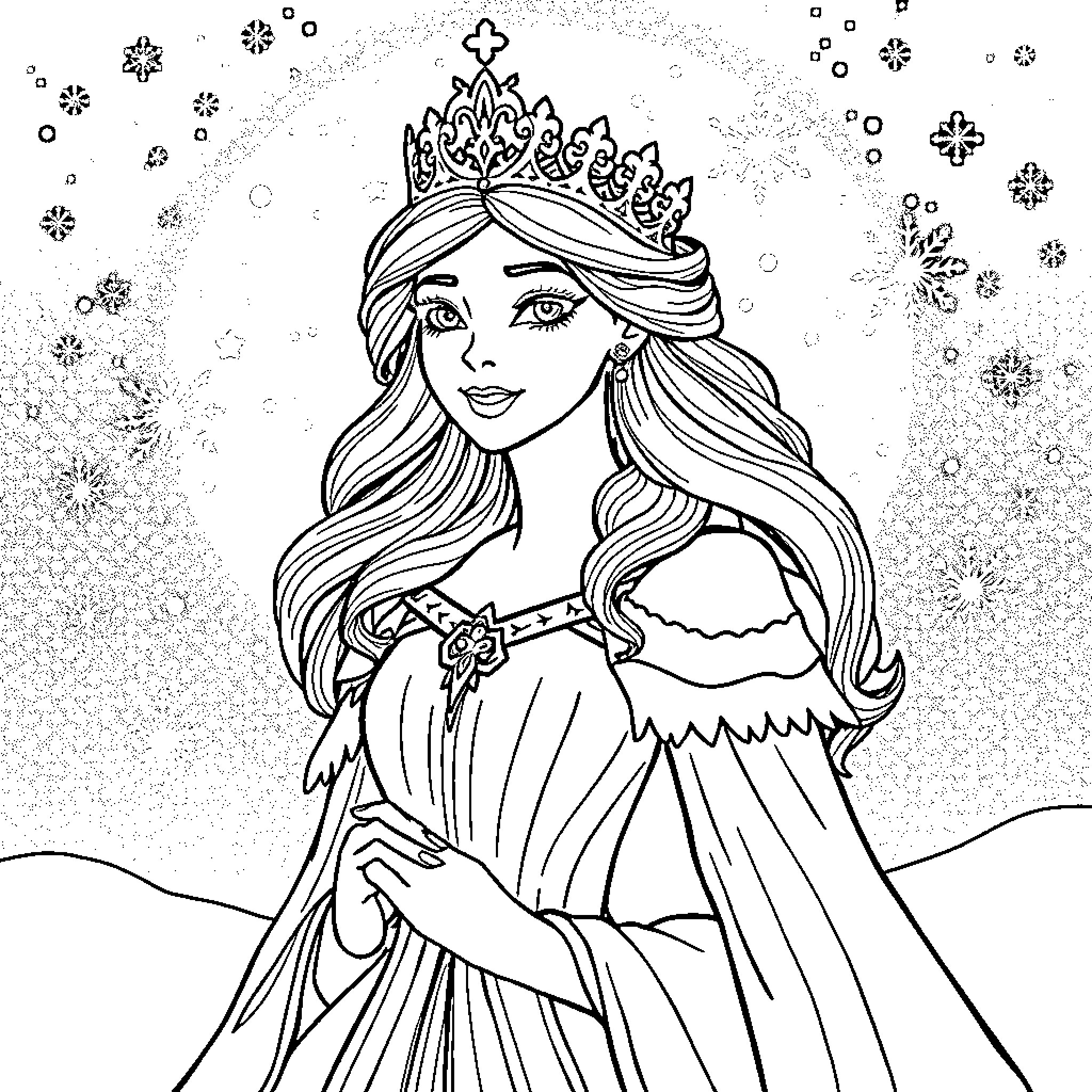 Snow Queen in Elegant Winter Attire Coloring Page (free black-and-white line drawing printable PDF for all, from beginners to advanced learners, including children, teens, adults, and seniors)
