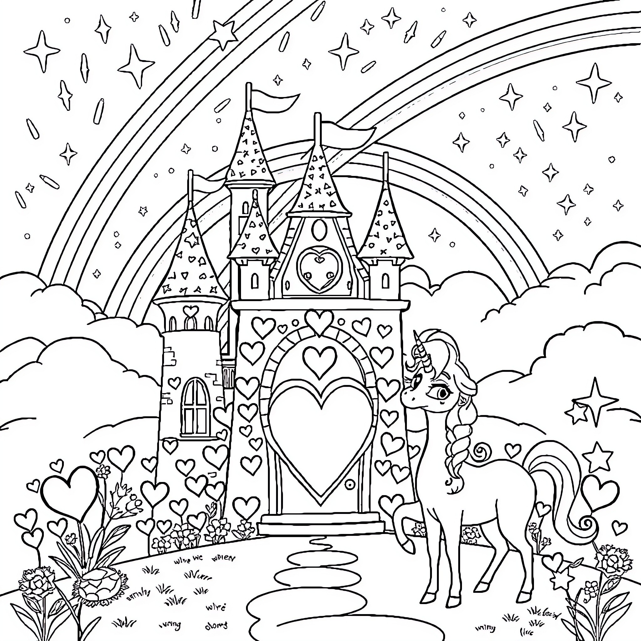 Castle with Unicorn and Hearts in a Magical Scene Coloring Page (free black-and-white line drawing printable PDF for all, from beginners to advanced learners, including children, teens, adults, and seniors)