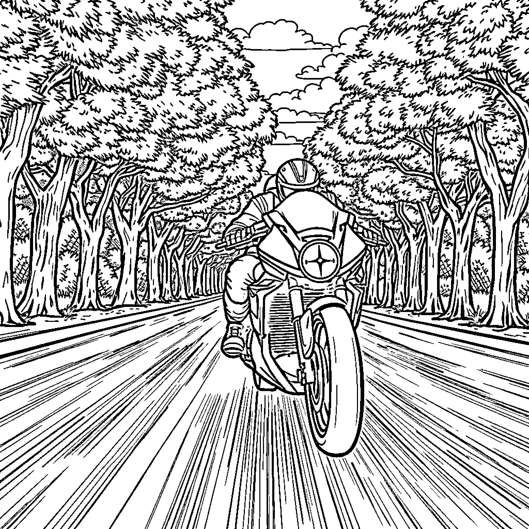 Moto Speed Through the Forest Landscape Coloring Page (free black-and-white line drawing printable PDF for all, from beginners to advanced learners, including children, teens, adults, and seniors)
