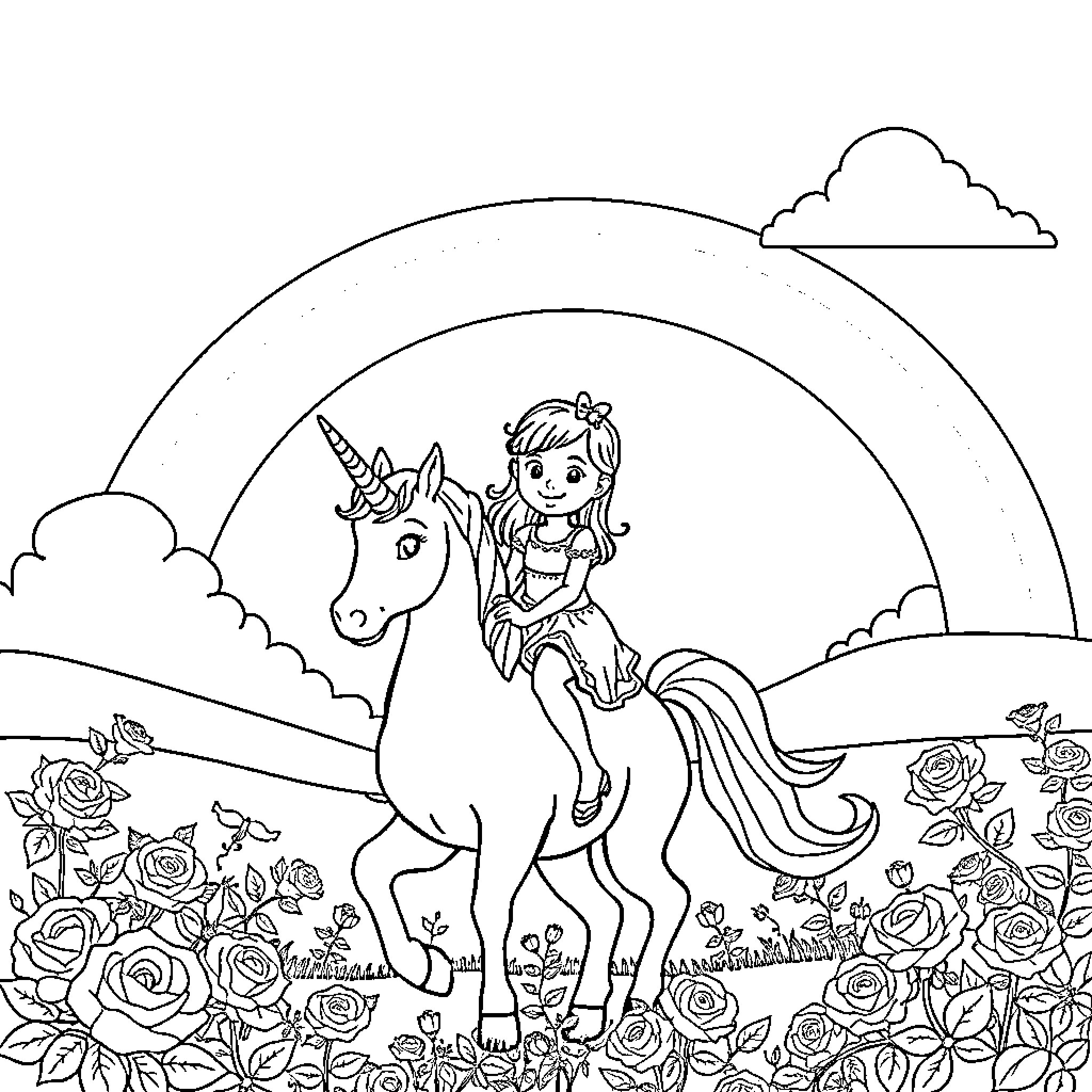 Unicorn and a girl riding through a flower field Coloring Page (free black-and-white line drawing printable PDF for all, from beginners to advanced learners, including children, teens, adults, and seniors)