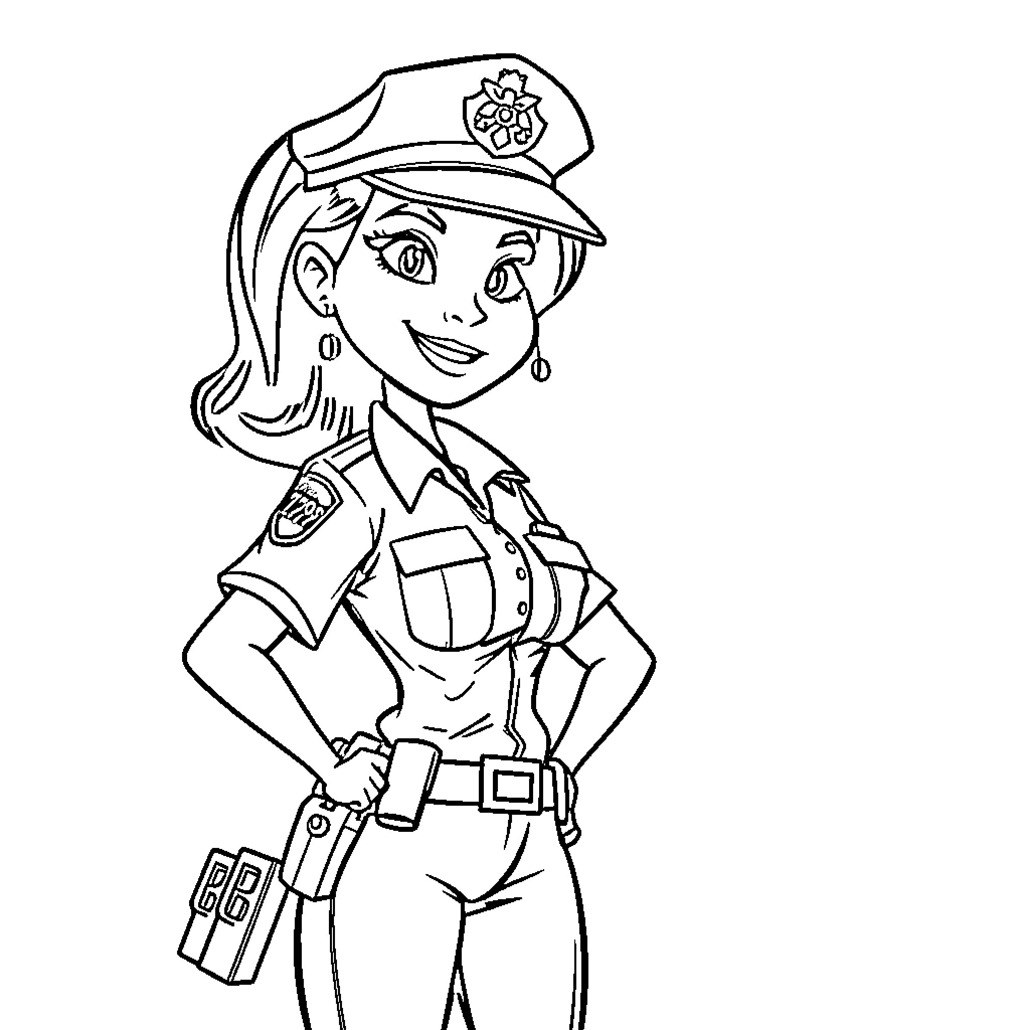 Police Lady Confidently Assisting in Law Enforcement Coloring Page (free black-and-white line drawing printable PDF for all, from beginners to advanced learners, including children, teens, adults, and seniors)