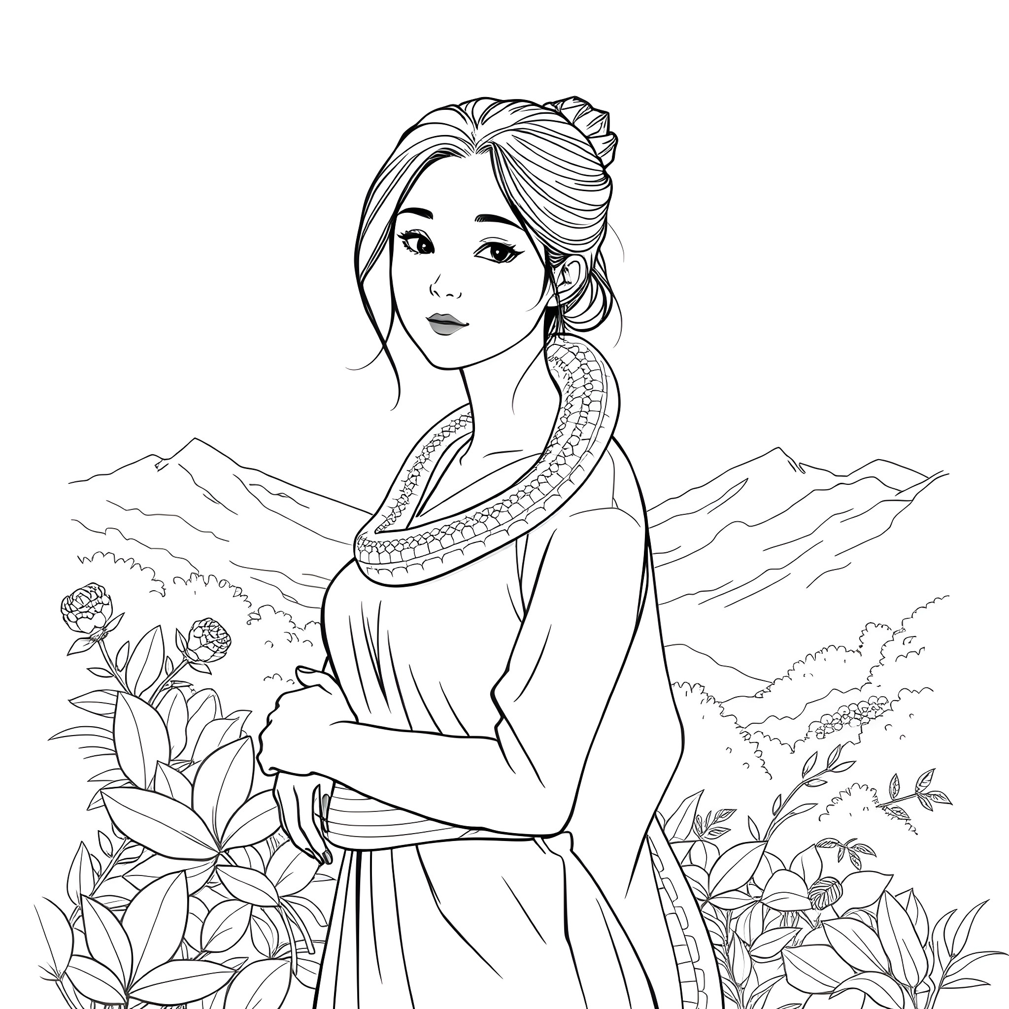Asian Female in Traditional Dress with Floral Background Coloring Page (free black-and-white line drawing printable PDF for all, from beginners to advanced learners, including children, teens, adults, and seniors)