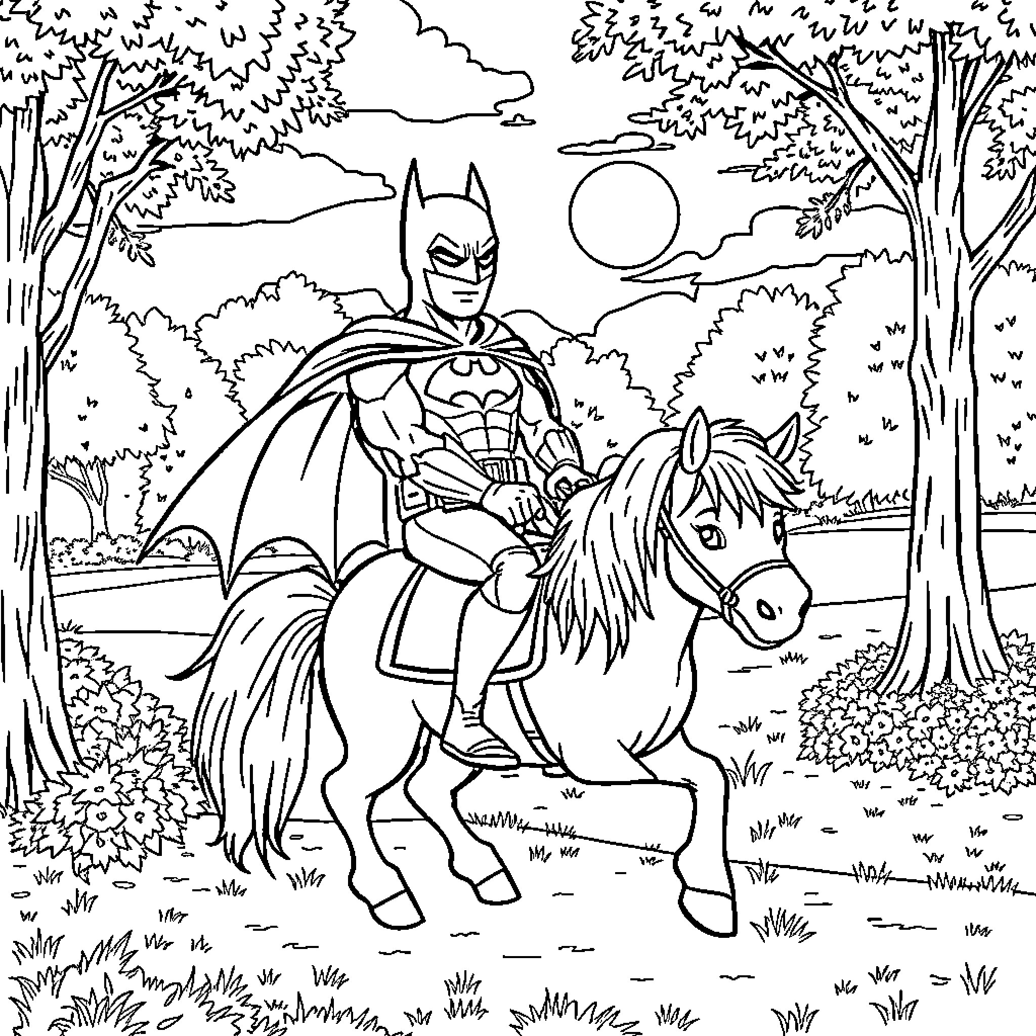 Batman Riding a Horse in a Scenic Forest Coloring Page (free black-and-white line drawing printable PDF for all, from beginners to advanced learners, including children, teens, adults, and seniors)
