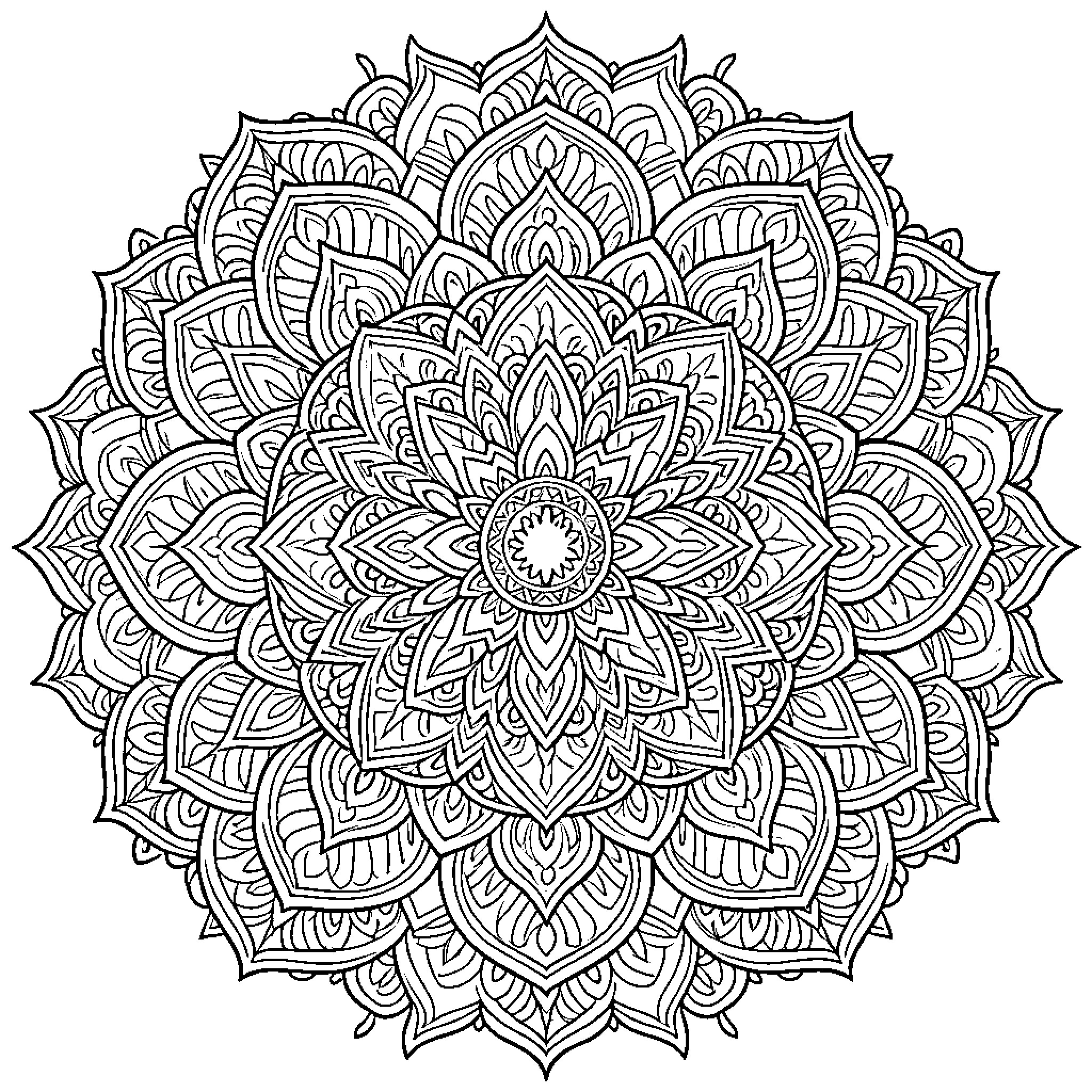 Mandala with intricate floral patterns and symmetry Coloring Page (free black-and-white line drawing printable PDF for all, from beginners to advanced learners, including children, teens, adults, and seniors)