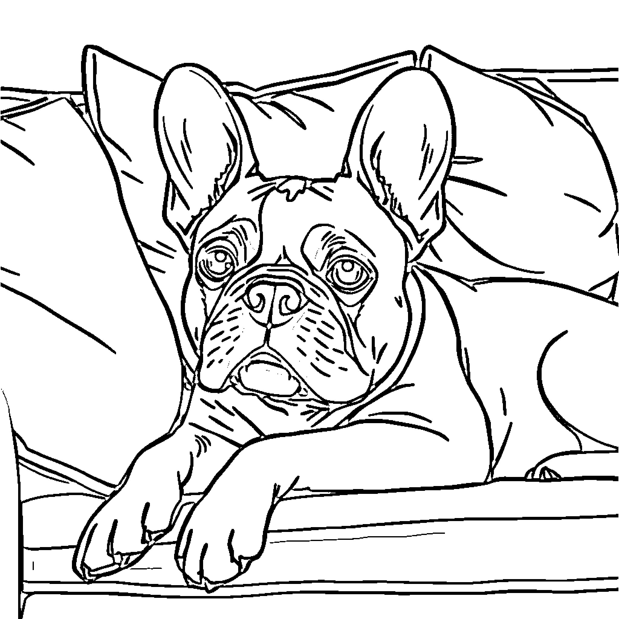 French Bulldog peering curiously from behind wooden slats Coloring Page (free black-and-white line drawing printable PDF for all, from beginners to advanced learners, including children, teens, adults, and seniors)