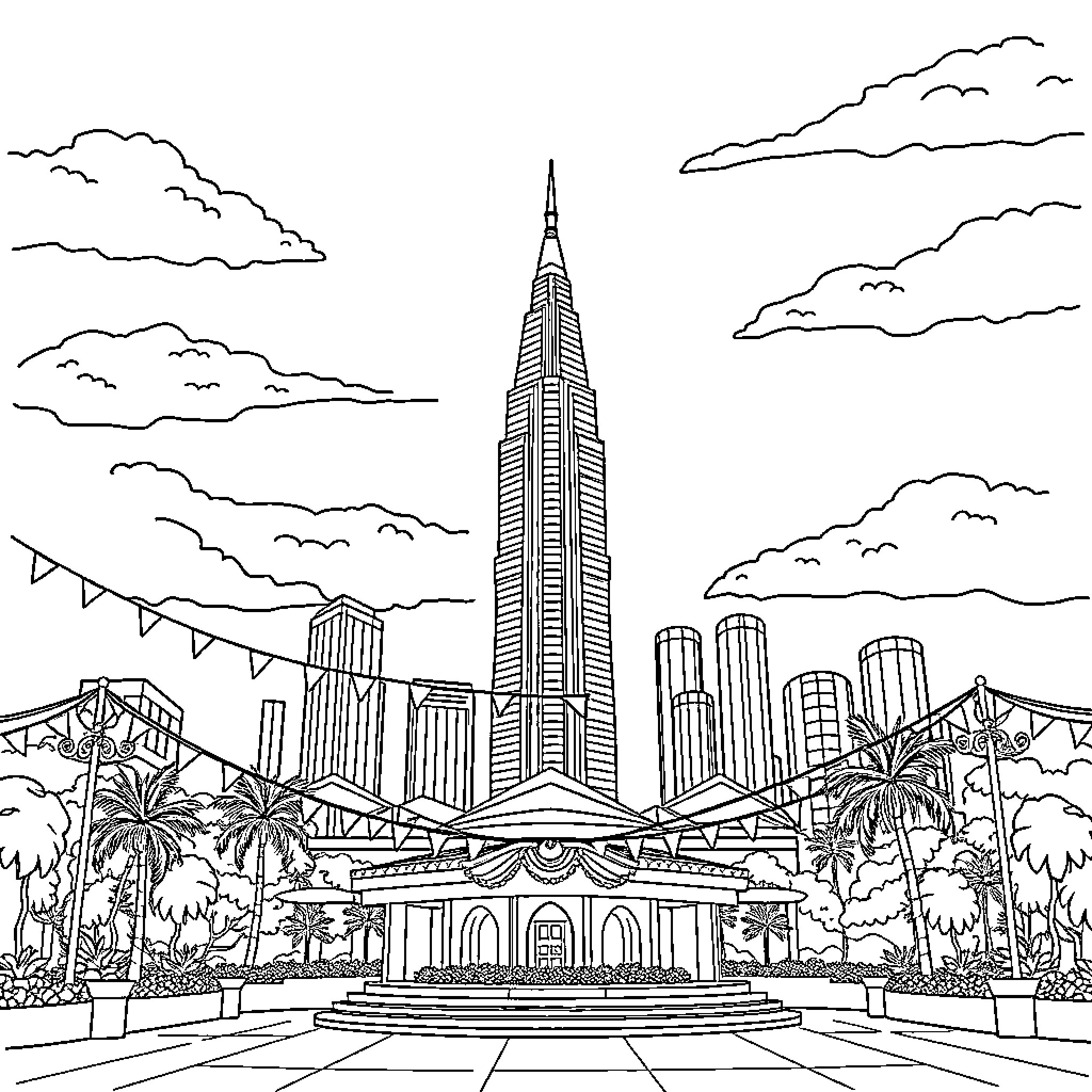 Building in a stylized city skyline Coloring Page (free black-and-white line drawing printable PDF for all, from beginners to advanced learners, including children, teens, adults, and seniors)