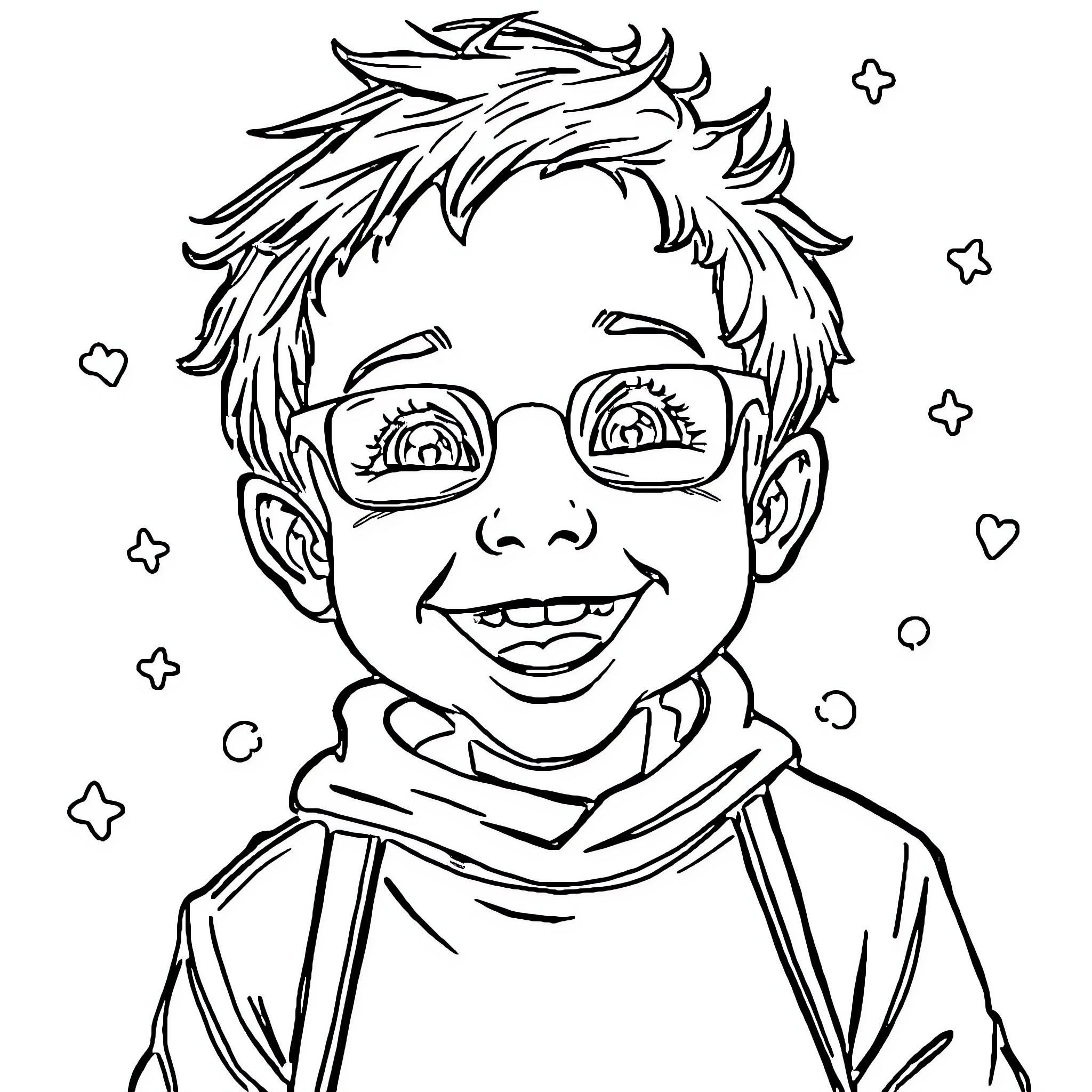 Child cheerfully smiling with glasses and messy hair Coloring Page (free black-and-white line drawing printable PDF for all, from beginners to advanced learners, including children, teens, adults, and seniors)