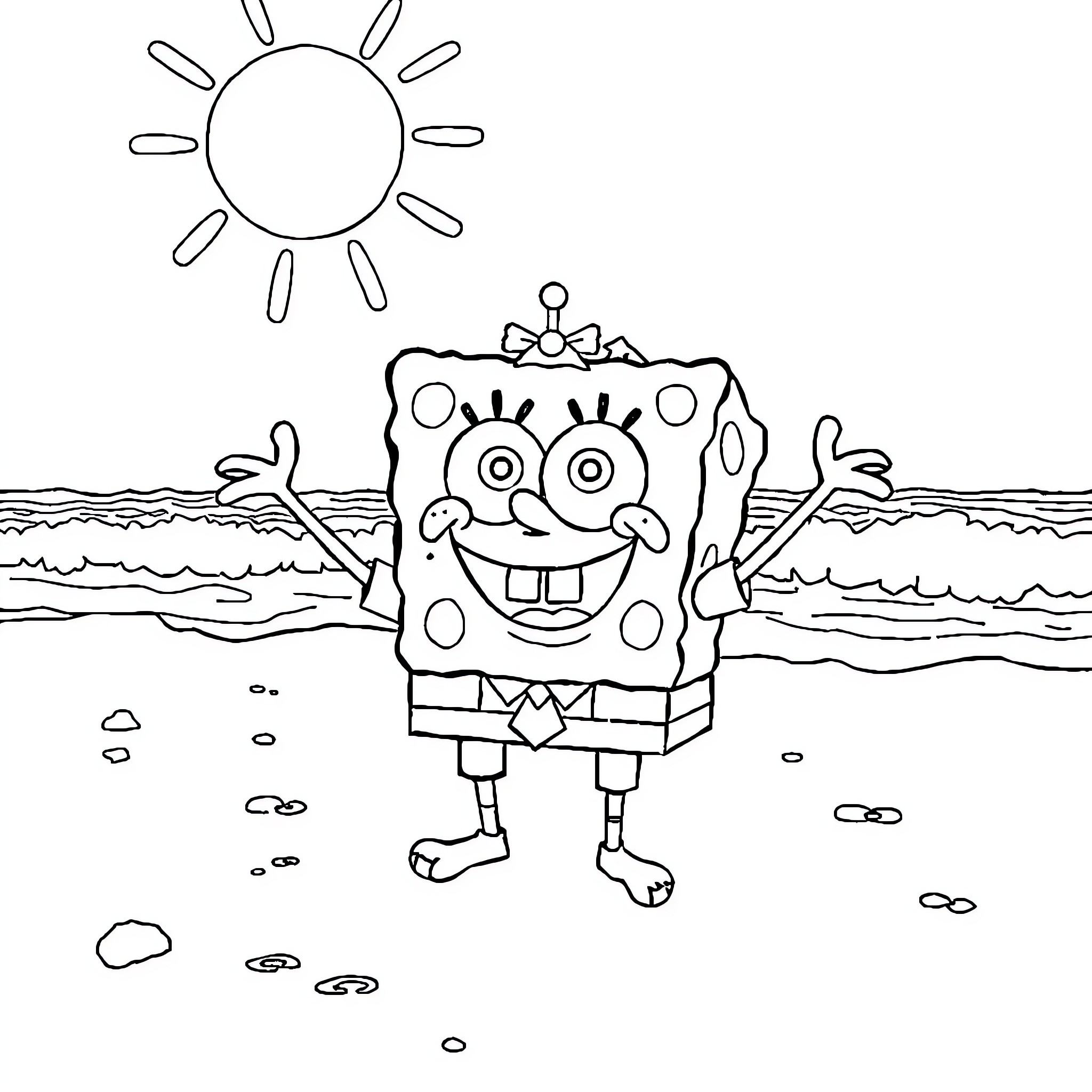 Spongebob enjoying a sunny day at the beach Coloring Page (free black-and-white line drawing printable PDF for all, from beginners to advanced learners, including children, teens, adults, and seniors)