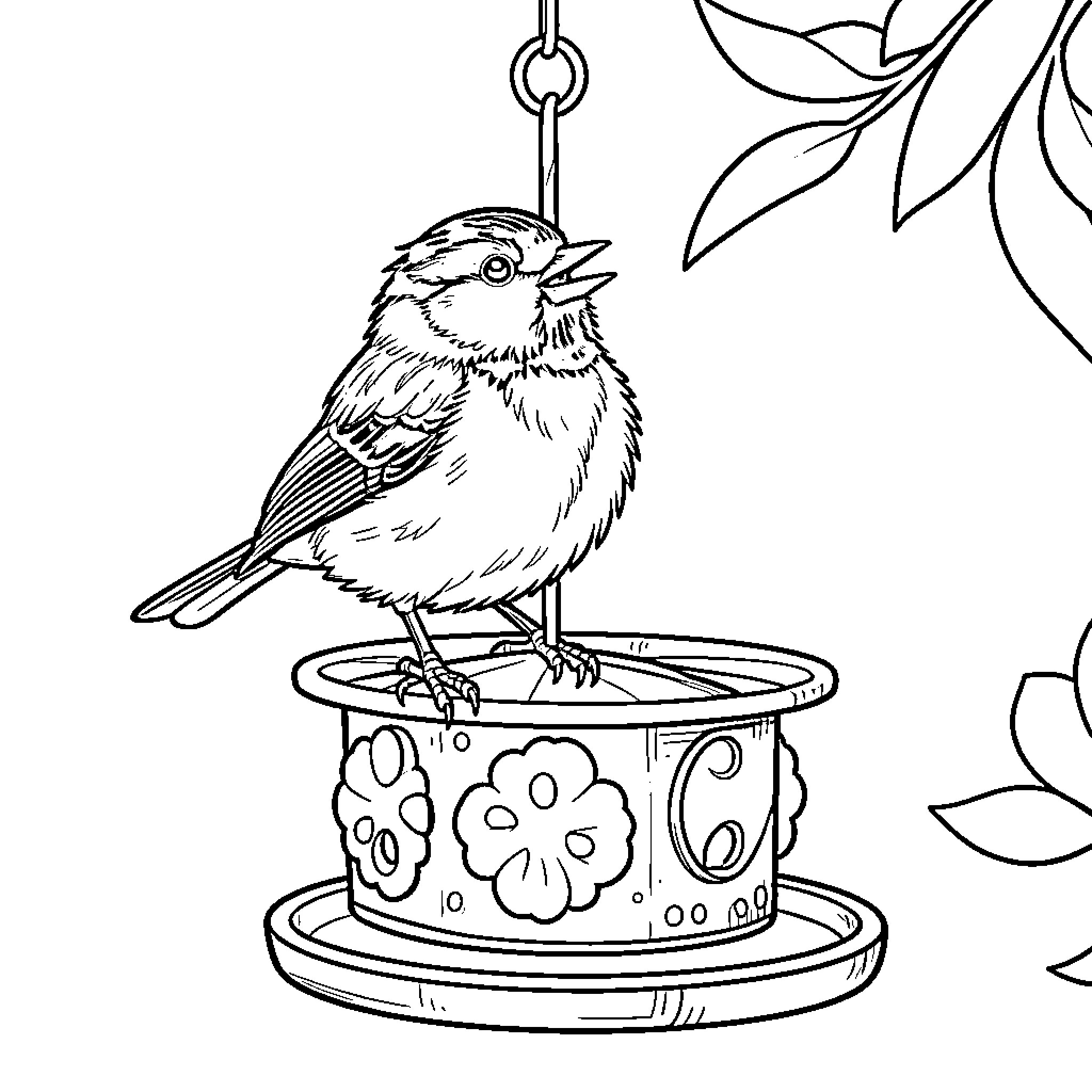 Tiny bird perched in floral feeder Coloring Page (free black-and-white line drawing printable PDF for all, from beginners to advanced learners, including children, teens, adults, and seniors)
