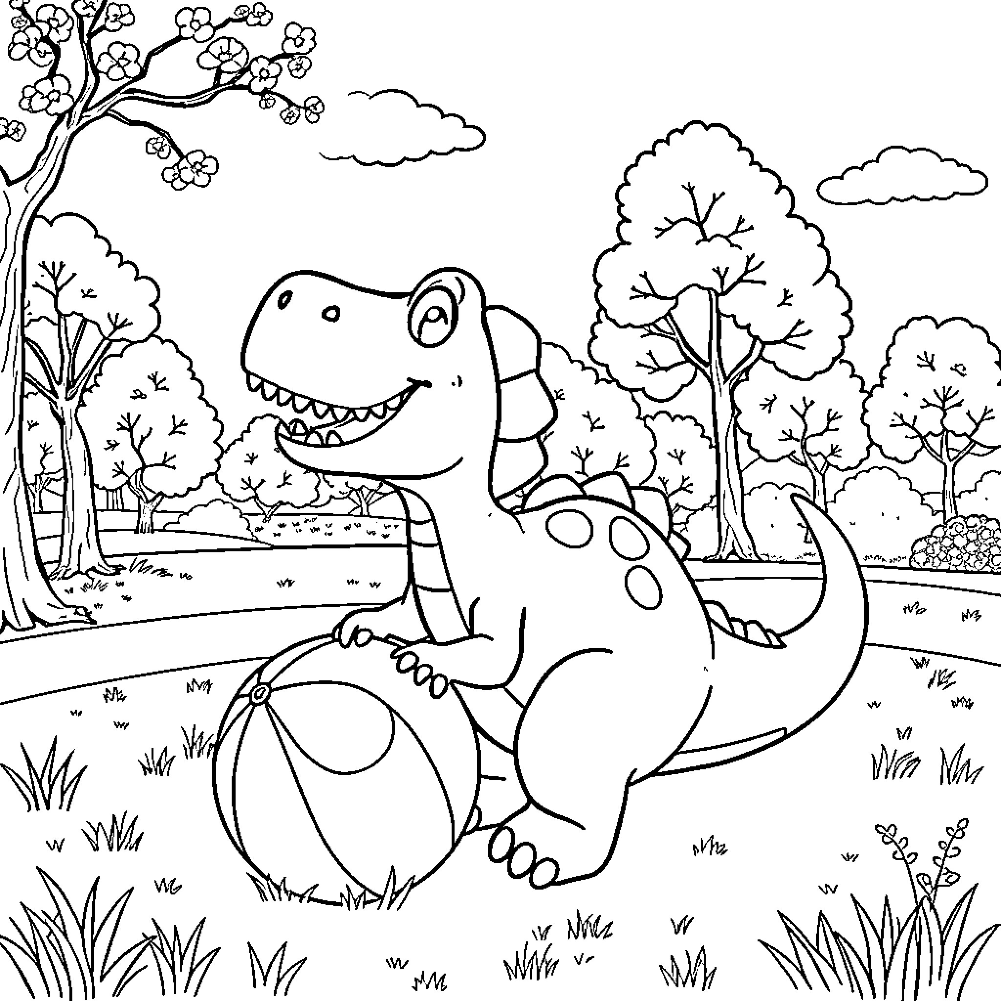 Dinosaur playing joyfully in nature Coloring Page (free black-and-white line drawing printable PDF for all, from beginners to advanced learners, including children, teens, adults, and seniors)