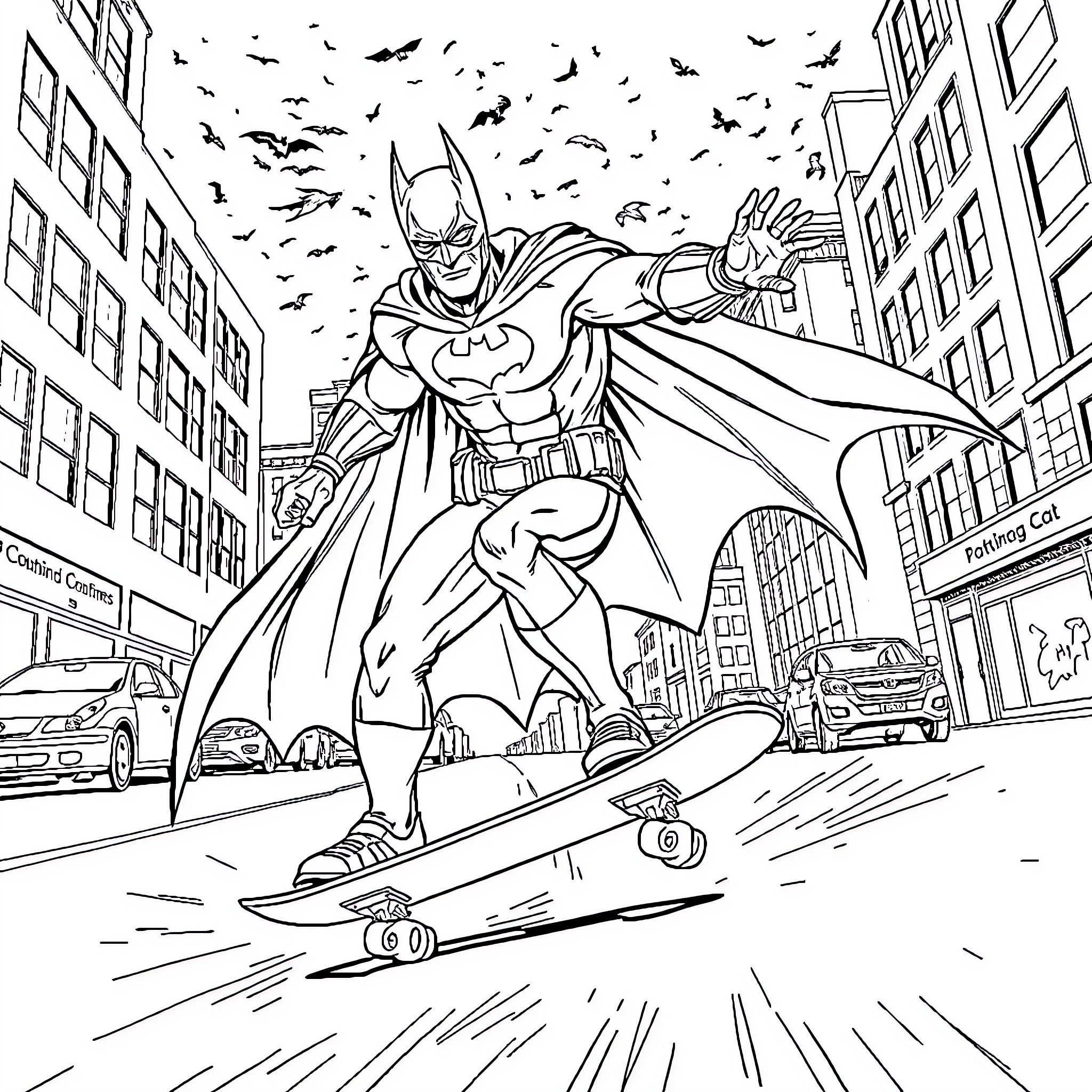 Batman Soaring Through the City on a Skateboard Coloring Page (free black-and-white line drawing printable PDF for all, from beginners to advanced learners, including children, teens, adults, and seniors)