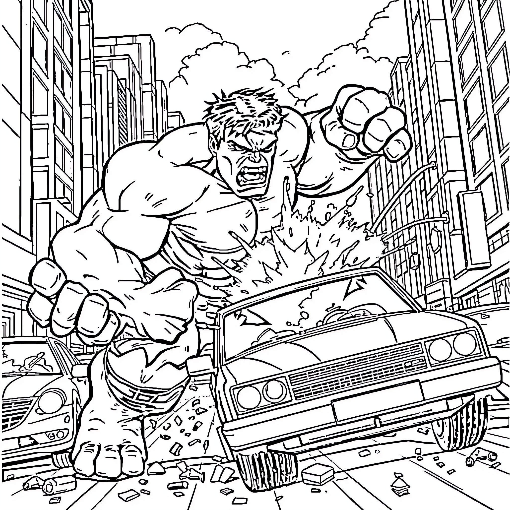 Hulk Rampaging Through the City Streets Coloring Page (free black-and-white line drawing printable PDF for all, from beginners to advanced learners, including children, teens, adults, and seniors)