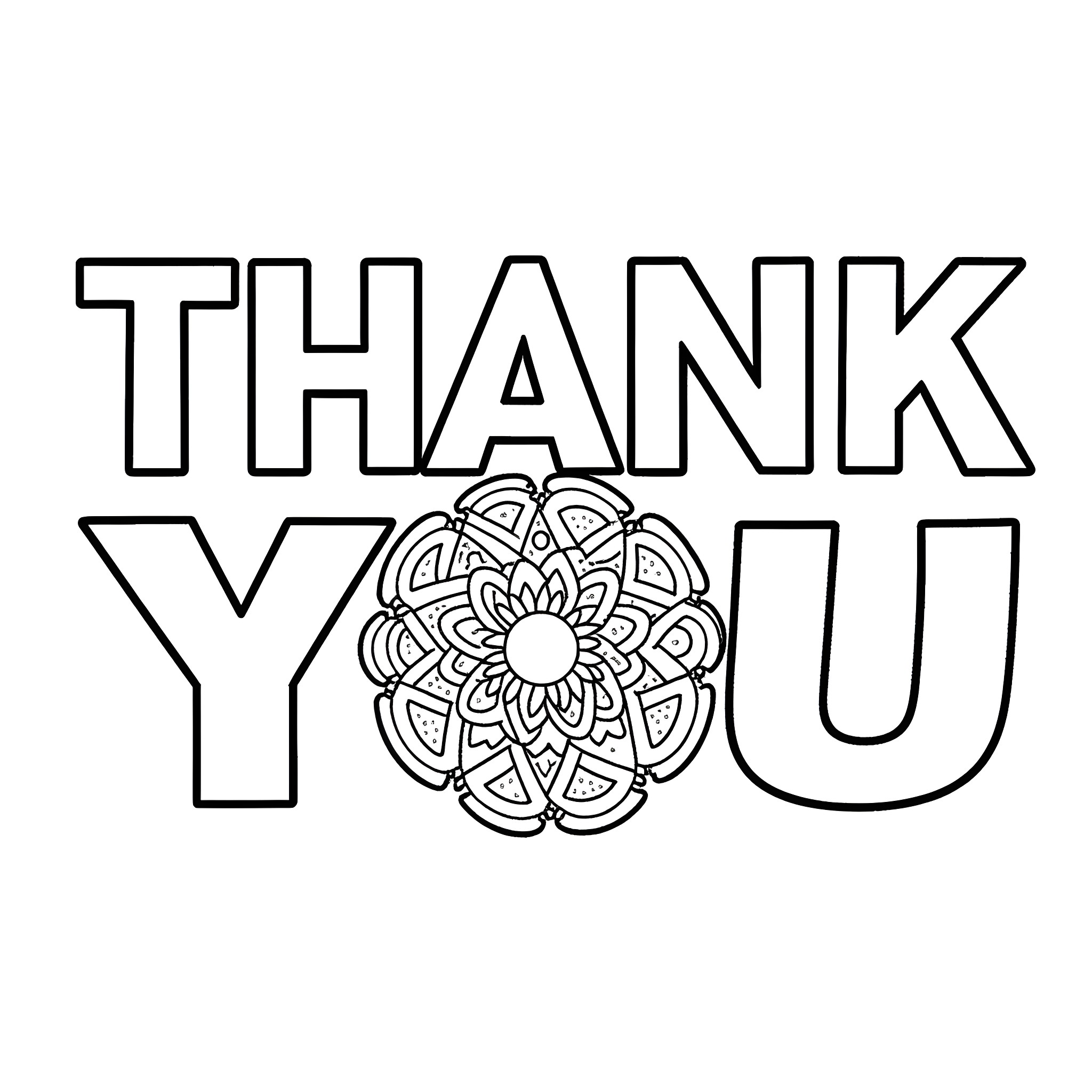 Mandala with 'Thank You' text Coloring Page (free black-and-white line drawing printable PDF for all, from beginners to advanced learners, including children, teens, adults, and seniors)