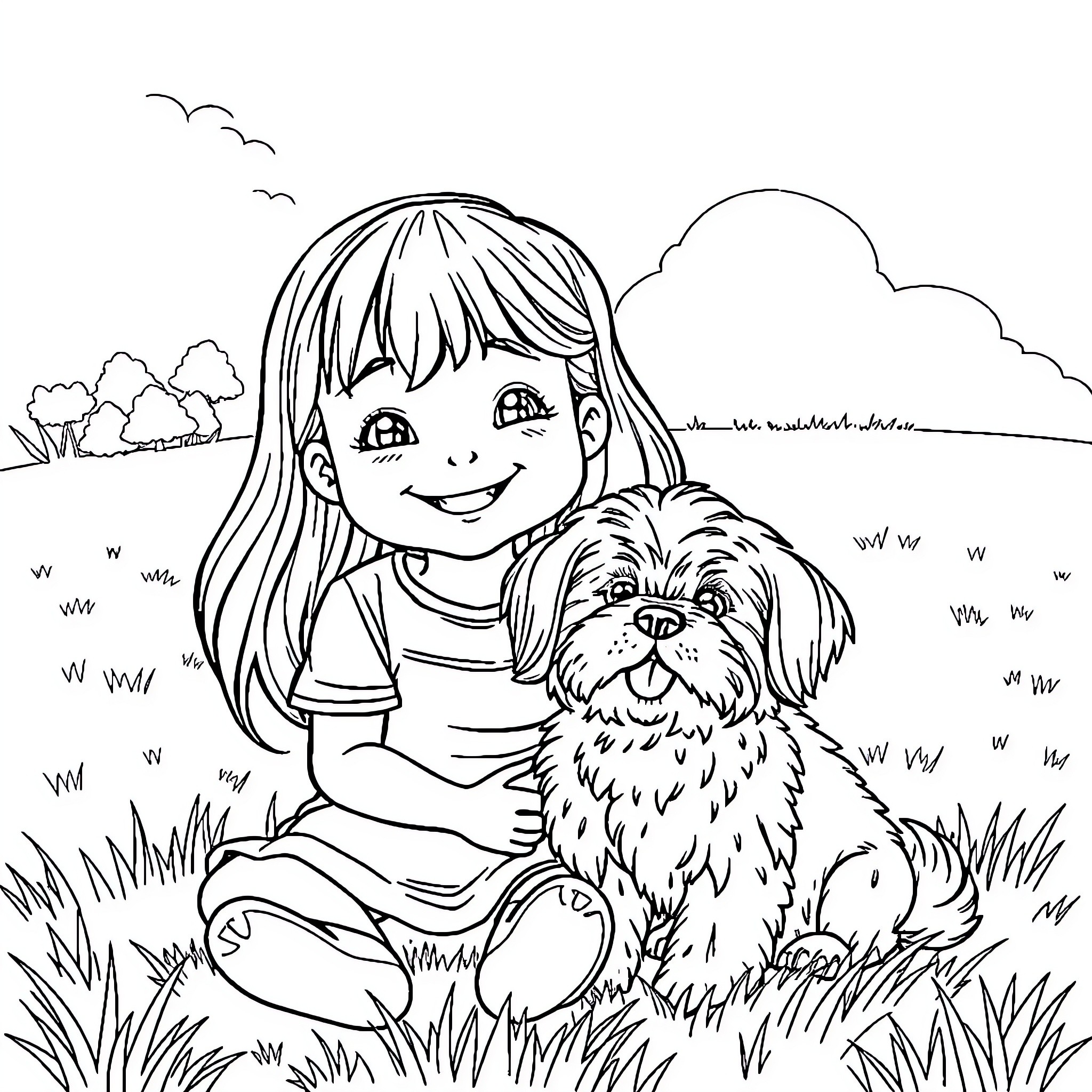 Girl playing with her pet dog in the park Coloring Page (free black-and-white line drawing printable PDF for all, from beginners to advanced learners, including children, teens, adults, and seniors)