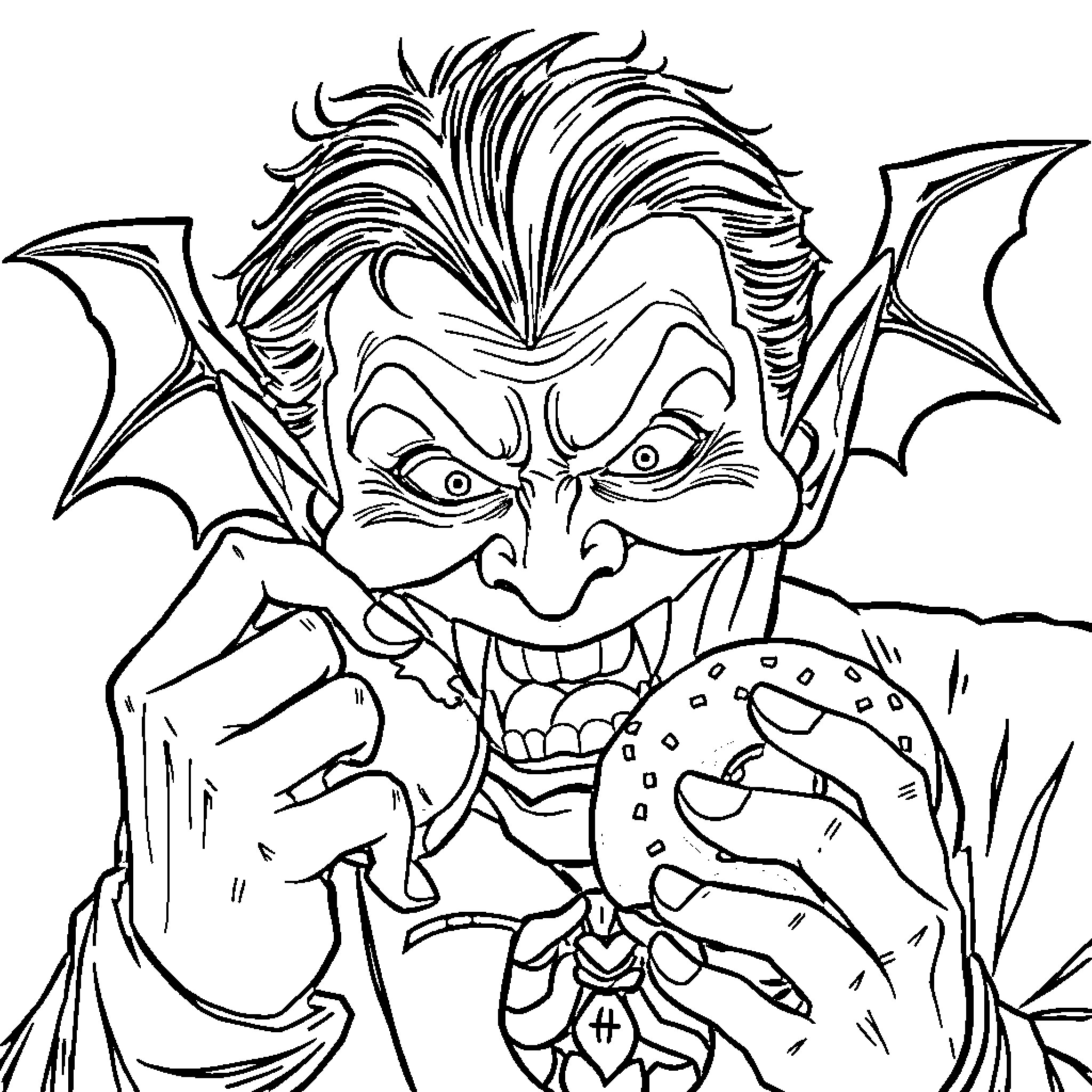 Vampire Goblin Creature Grinning Menacingly Coloring Page (free black-and-white line drawing printable PDF for all, from beginners to advanced learners, including children, teens, adults, and seniors)