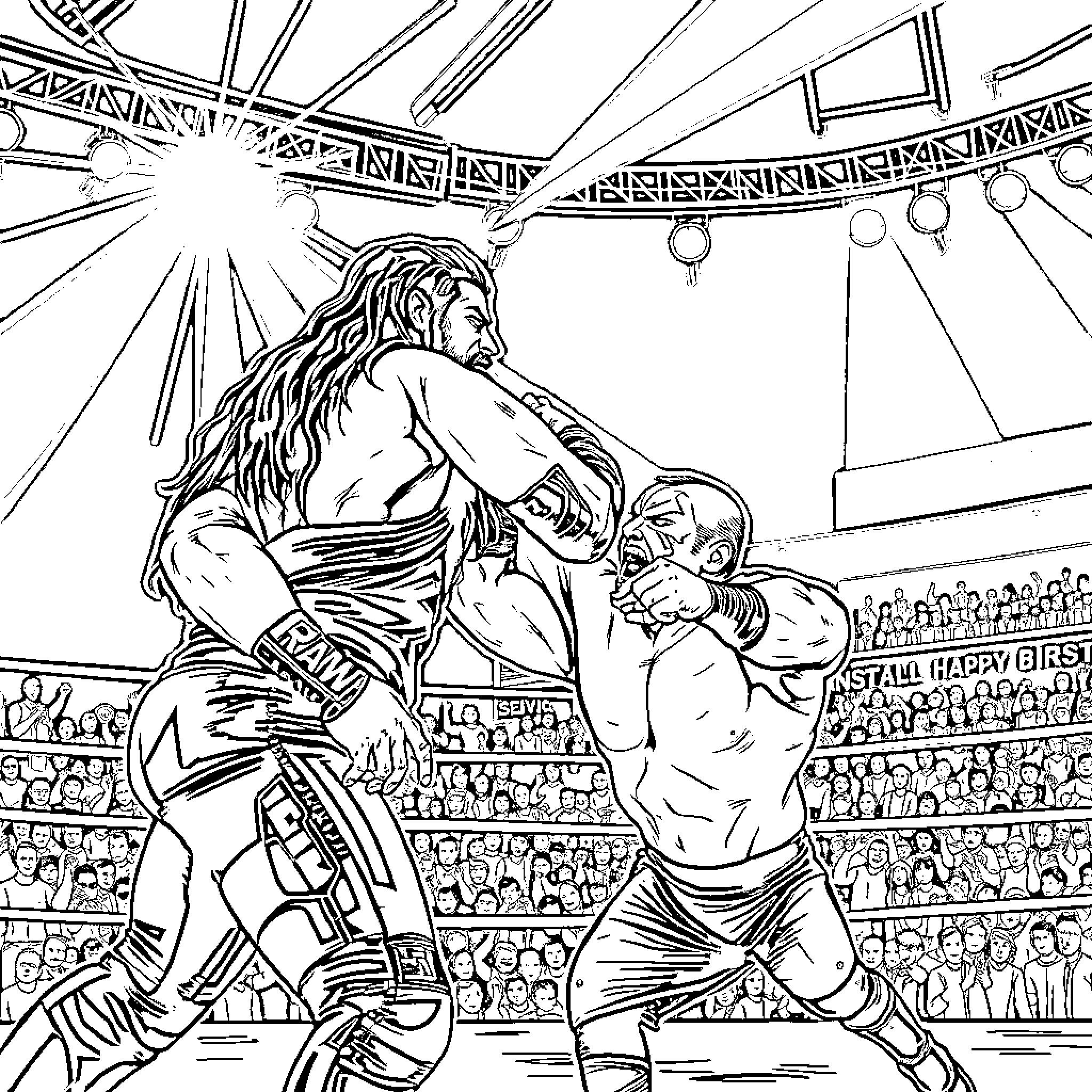 Roman Reigns in epic wrestling match Coloring Page (free black-and-white line drawing printable PDF for all, from beginners to advanced learners, including children, teens, adults, and seniors)