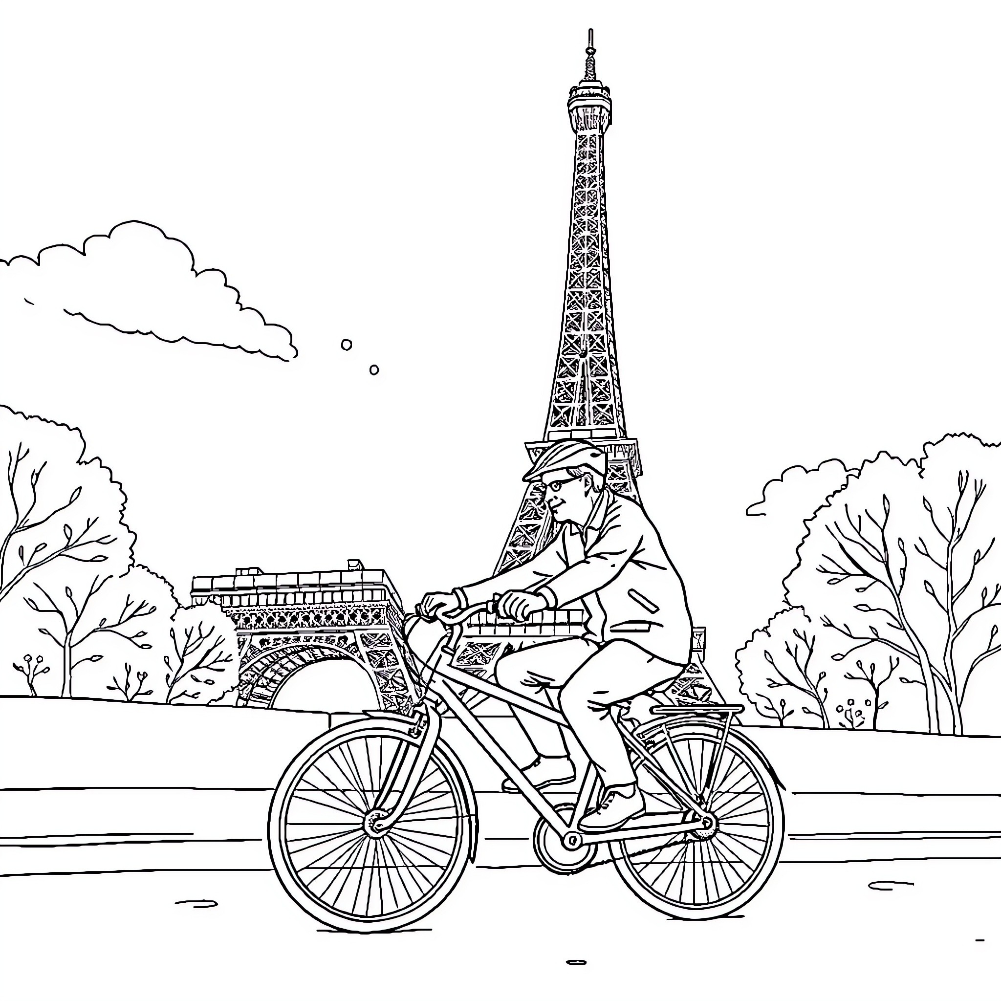 Requin Marteau cycling past Eiffel Tower in Paris Coloring Page (free black-and-white line drawing printable PDF for all, from beginners to advanced learners, including children, teens, adults, and seniors)
