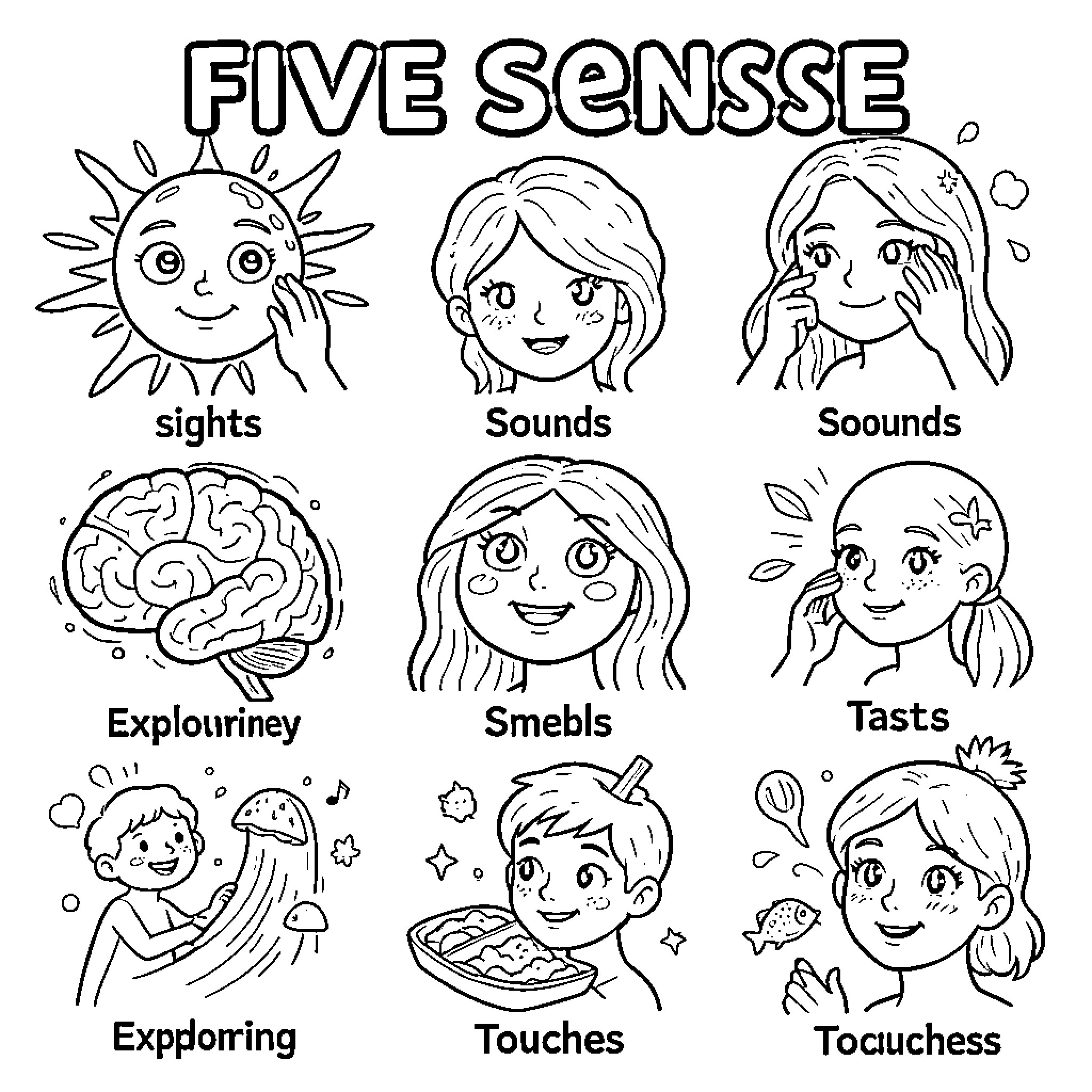 Sense of the Five Human Senses Coloring Page (free black-and-white line drawing printable PDF for all, from beginners to advanced learners, including children, teens, adults, and seniors)