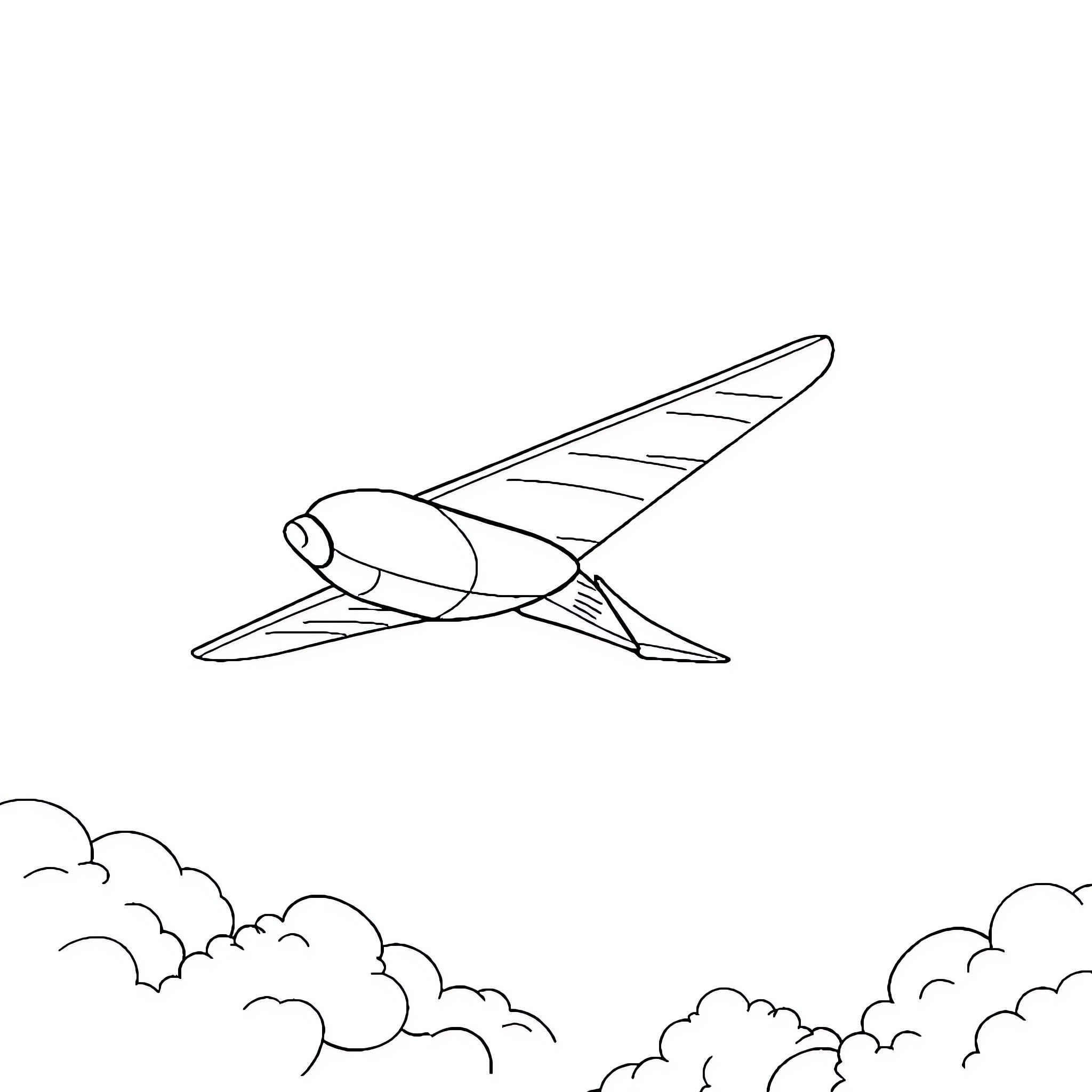 Paper Airplane Soaring Through Cloudy Skies Coloring Page (free black-and-white line drawing printable PDF for all, from beginners to advanced learners, including children, teens, adults, and seniors)