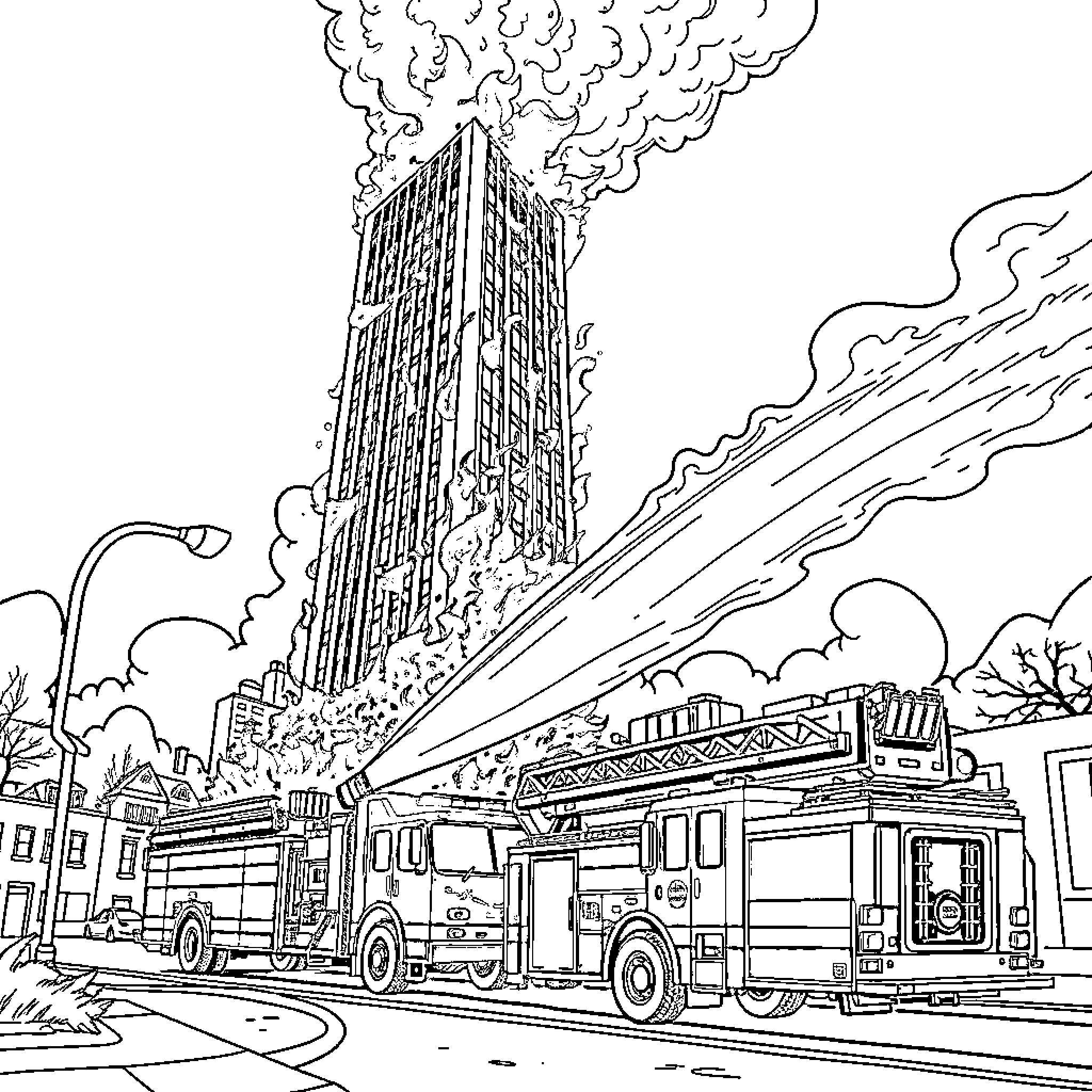 Building on fire with firefighting response Coloring Page (free black-and-white line drawing printable PDF for all, from beginners to advanced learners, including children, teens, adults, and seniors)