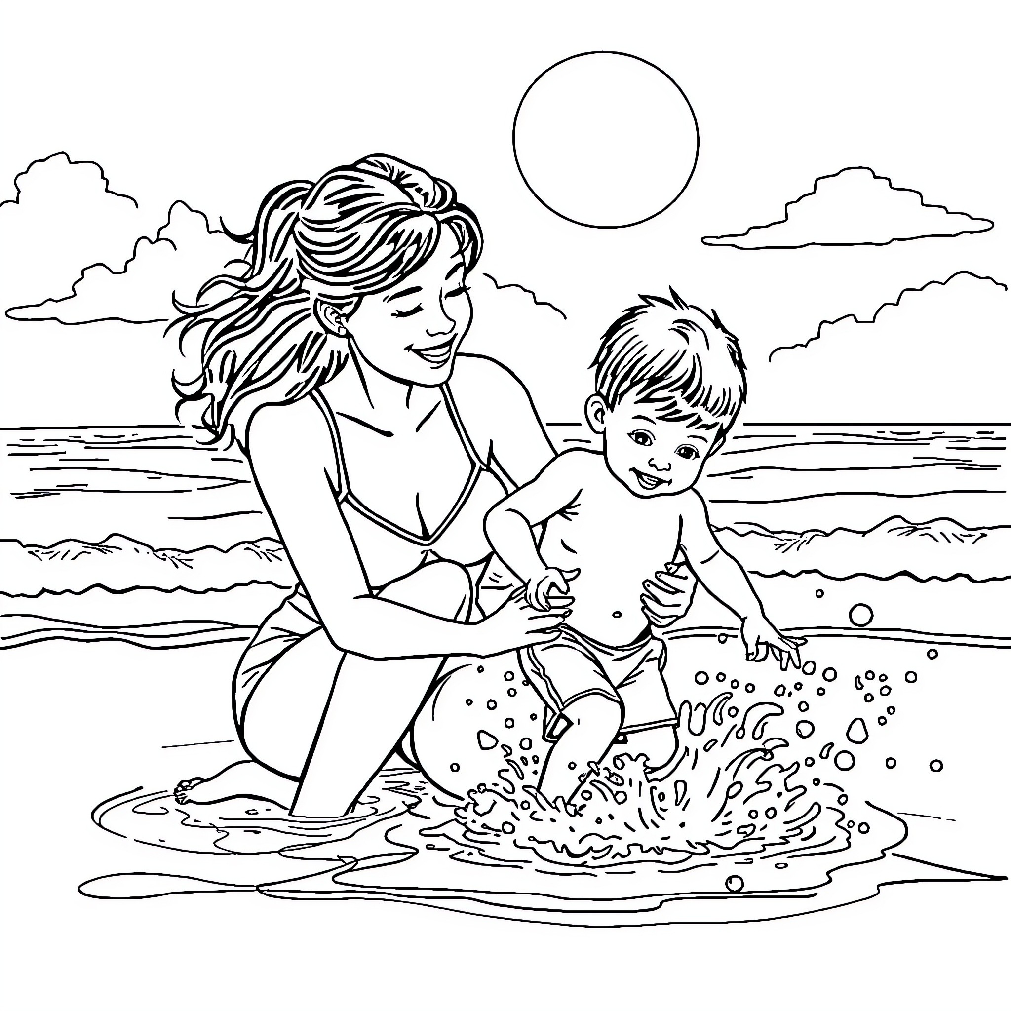 Mom and child playing joyfully at the beach Coloring Page (free black-and-white line drawing printable PDF for all, from beginners to advanced learners, including children, teens, adults, and seniors)