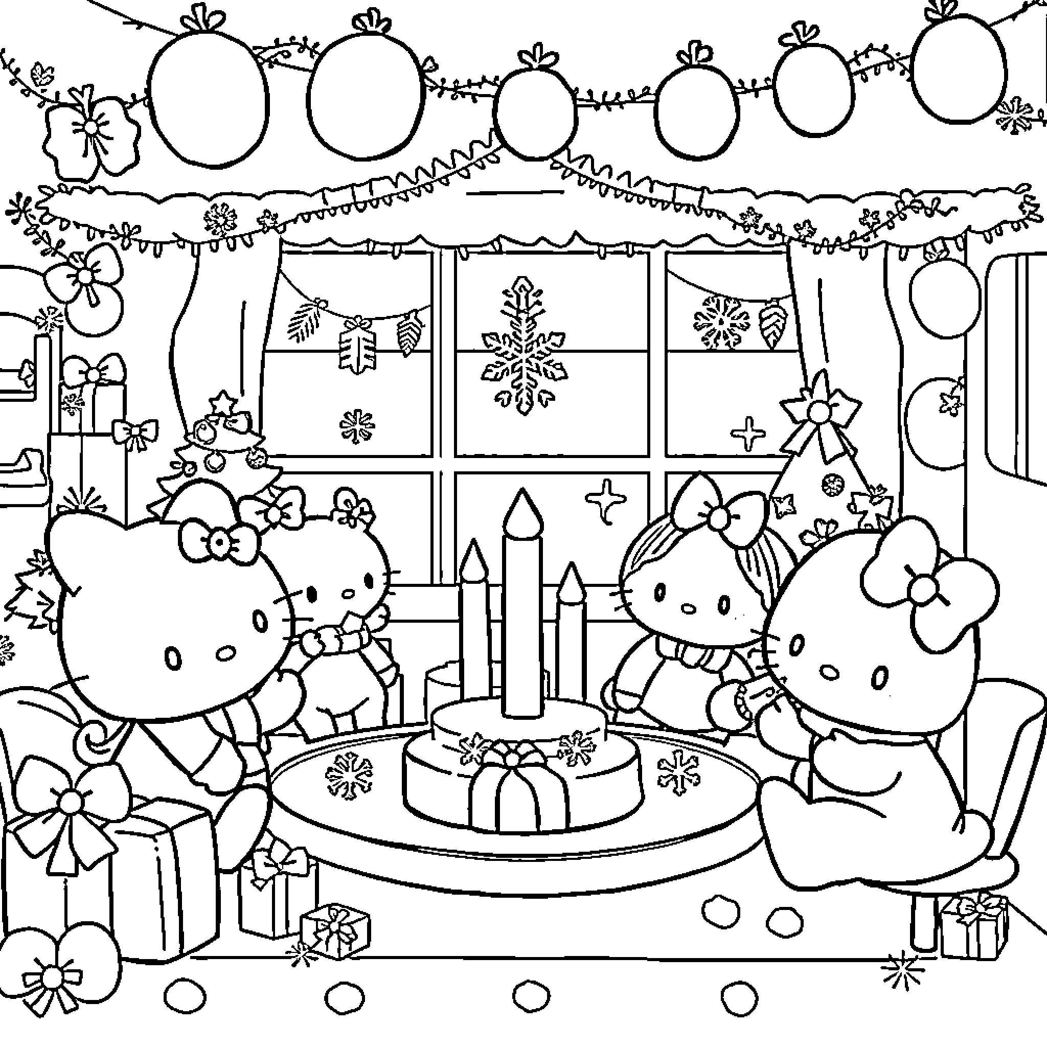 Sanrio Characters Celebrating Holiday Season Coloring Page (free black-and-white line drawing printable PDF for all, from beginners to advanced learners, including children, teens, adults, and seniors)