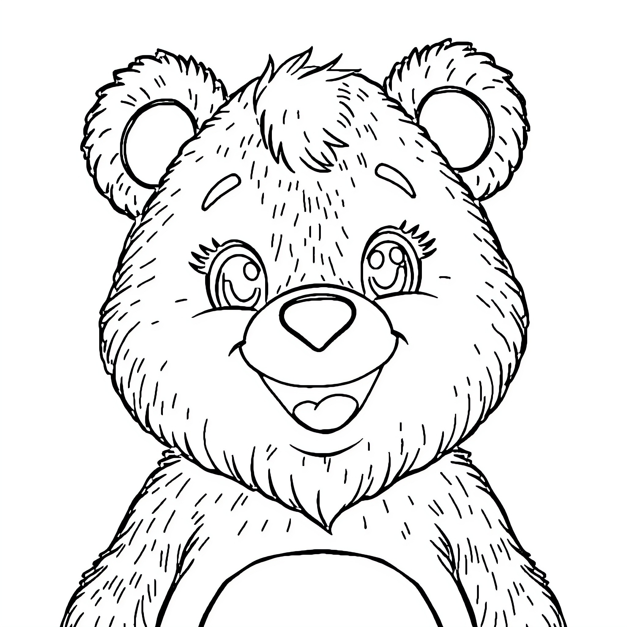 Carebear cheerfully smiling with big eyes Coloring Page (free black-and-white line drawing printable PDF for all, from beginners to advanced learners, including children, teens, adults, and seniors)