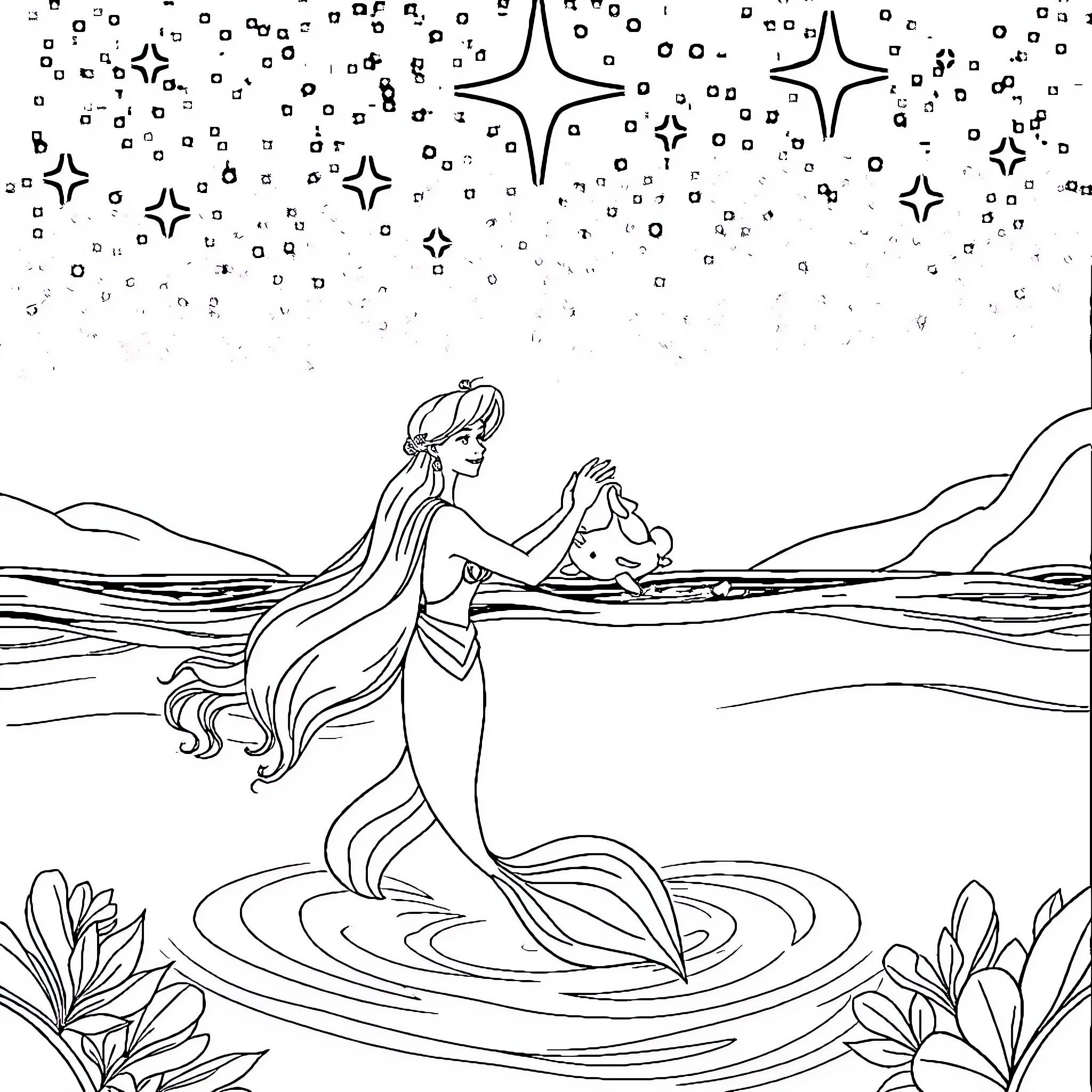 Mermaid gazing at the starry night sky Coloring Page (free black-and-white line drawing printable PDF for all, from beginners to advanced learners, including children, teens, adults, and seniors)