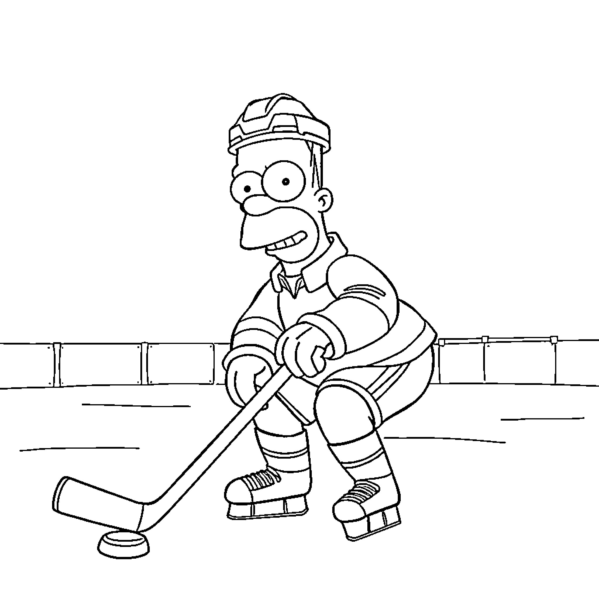 Homer Simpson playing hockey on the rink Coloring Page (free black-and-white line drawing printable PDF for all, from beginners to advanced learners, including children, teens, adults, and seniors)