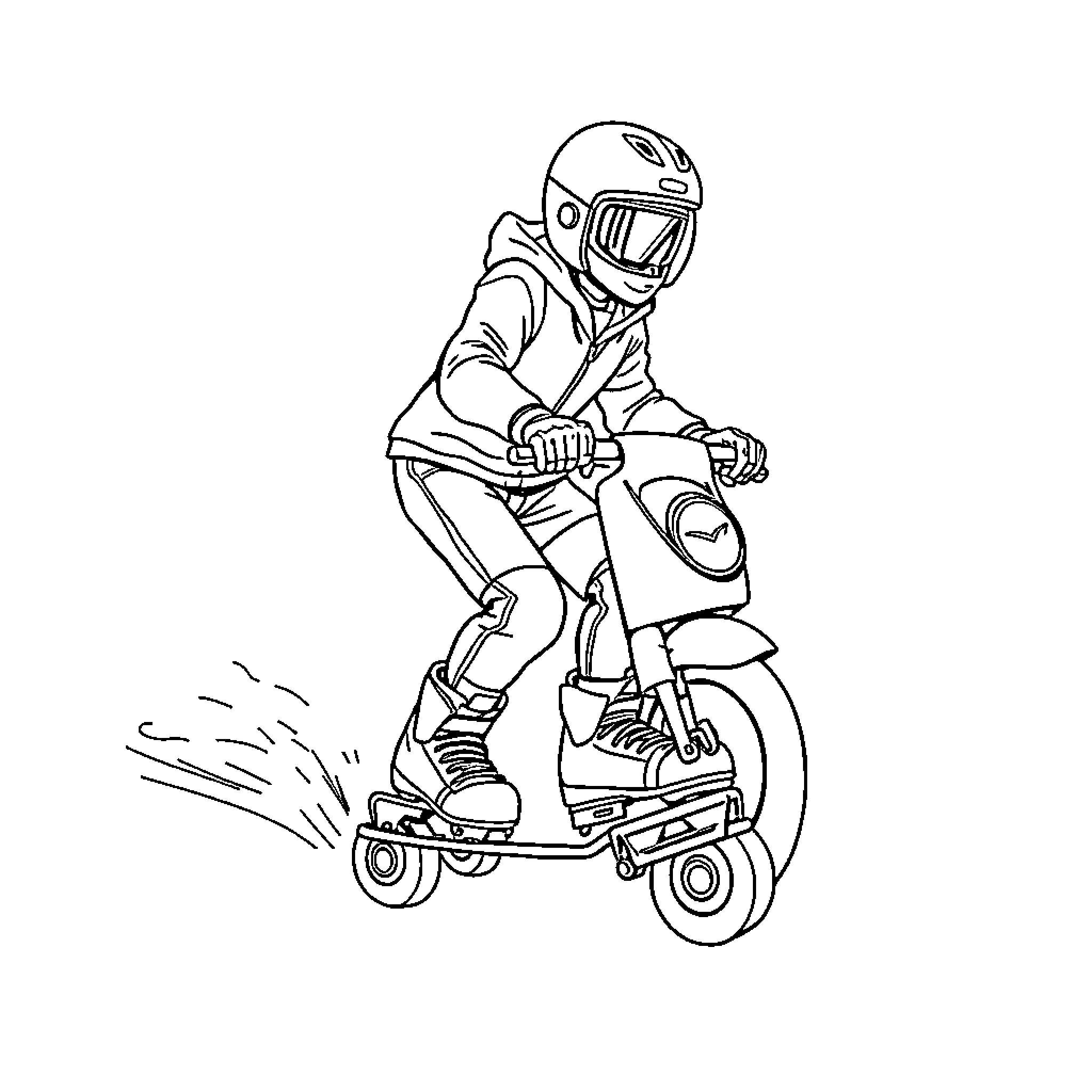 Pogacar riding a futuristic scooter Coloring Page (free black-and-white line drawing printable PDF for all, from beginners to advanced learners, including children, teens, adults, and seniors)