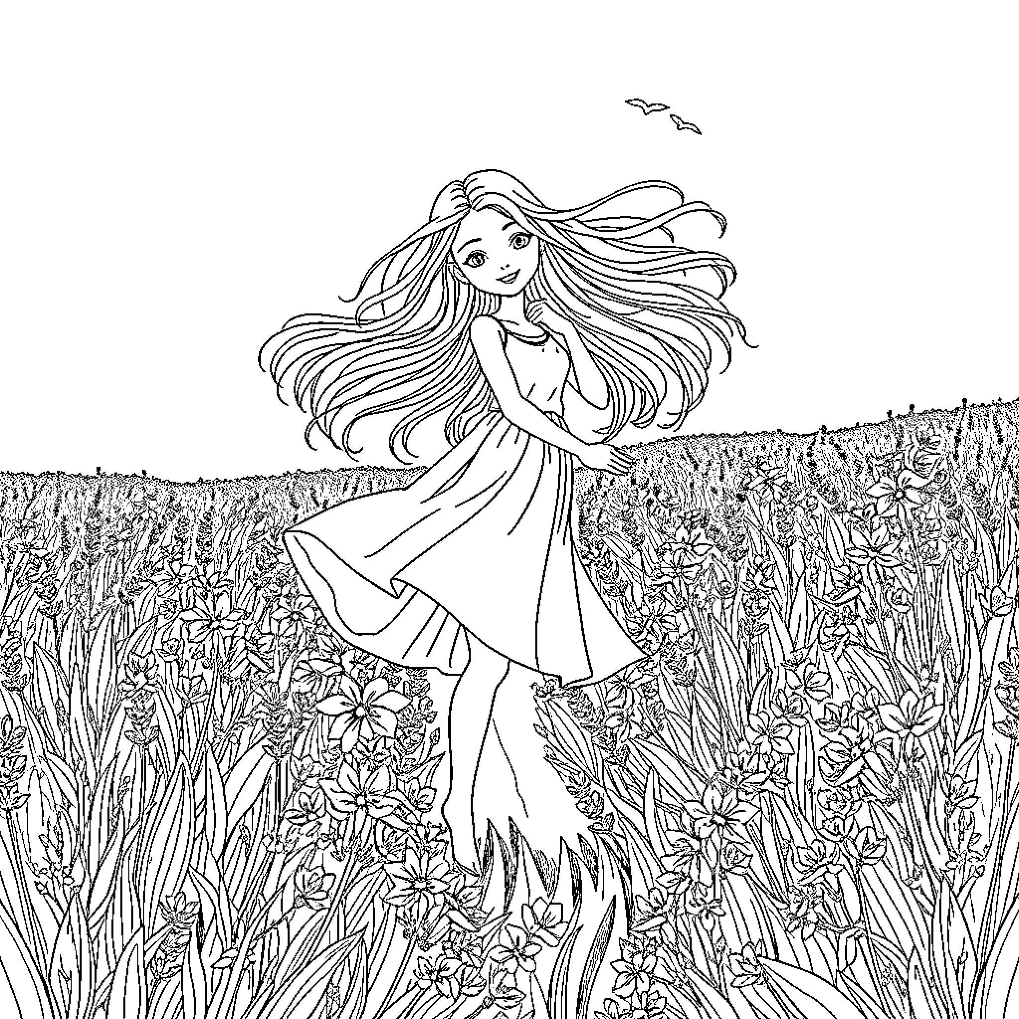 Girl dancing joyfully in a flowery meadow Coloring Page (free black-and-white line drawing printable PDF for all, from beginners to advanced learners, including children, teens, adults, and seniors)