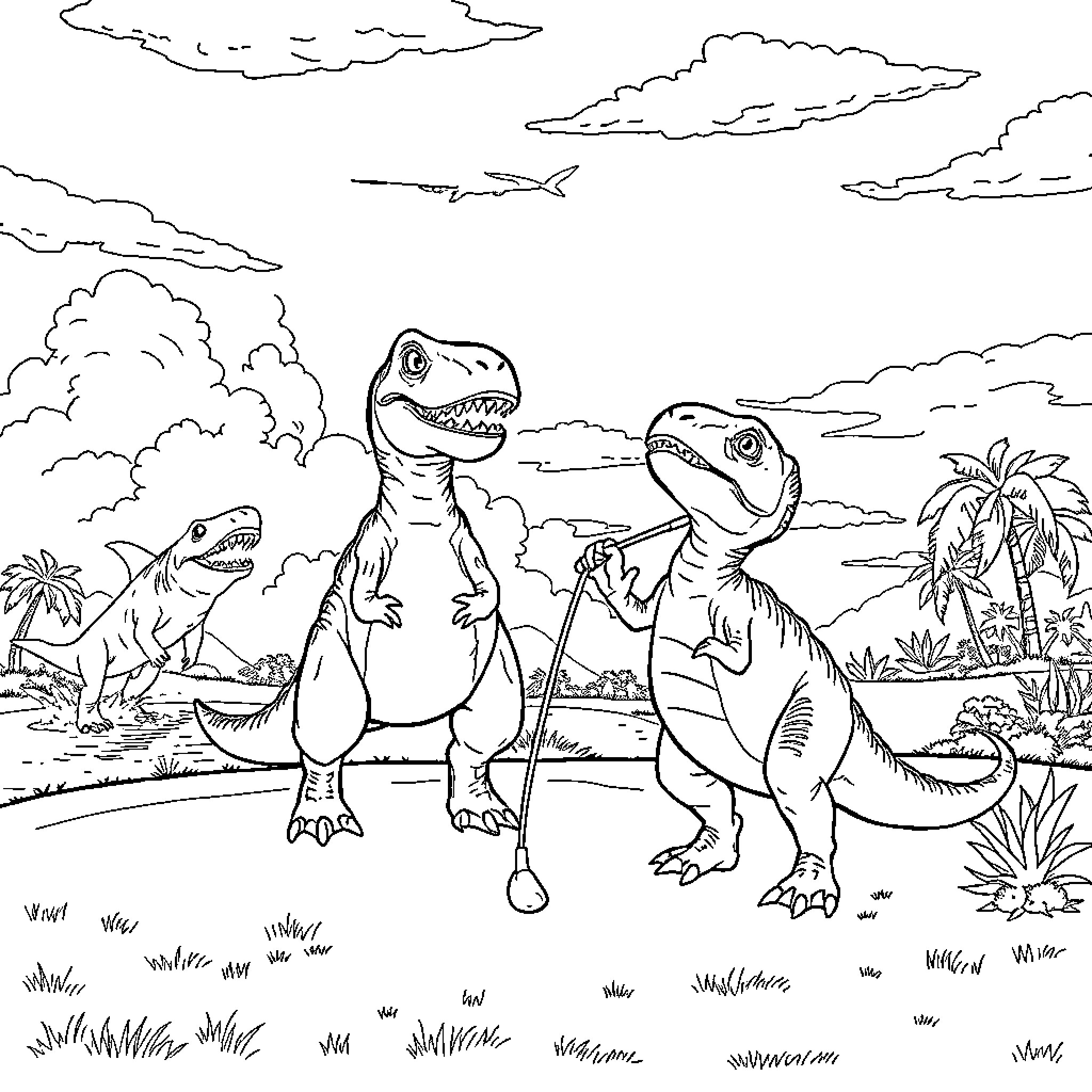 Dinosaurs exploring lush prehistoric landscape Coloring Page (free black-and-white line drawing printable PDF for all, from beginners to advanced learners, including children, teens, adults, and seniors)