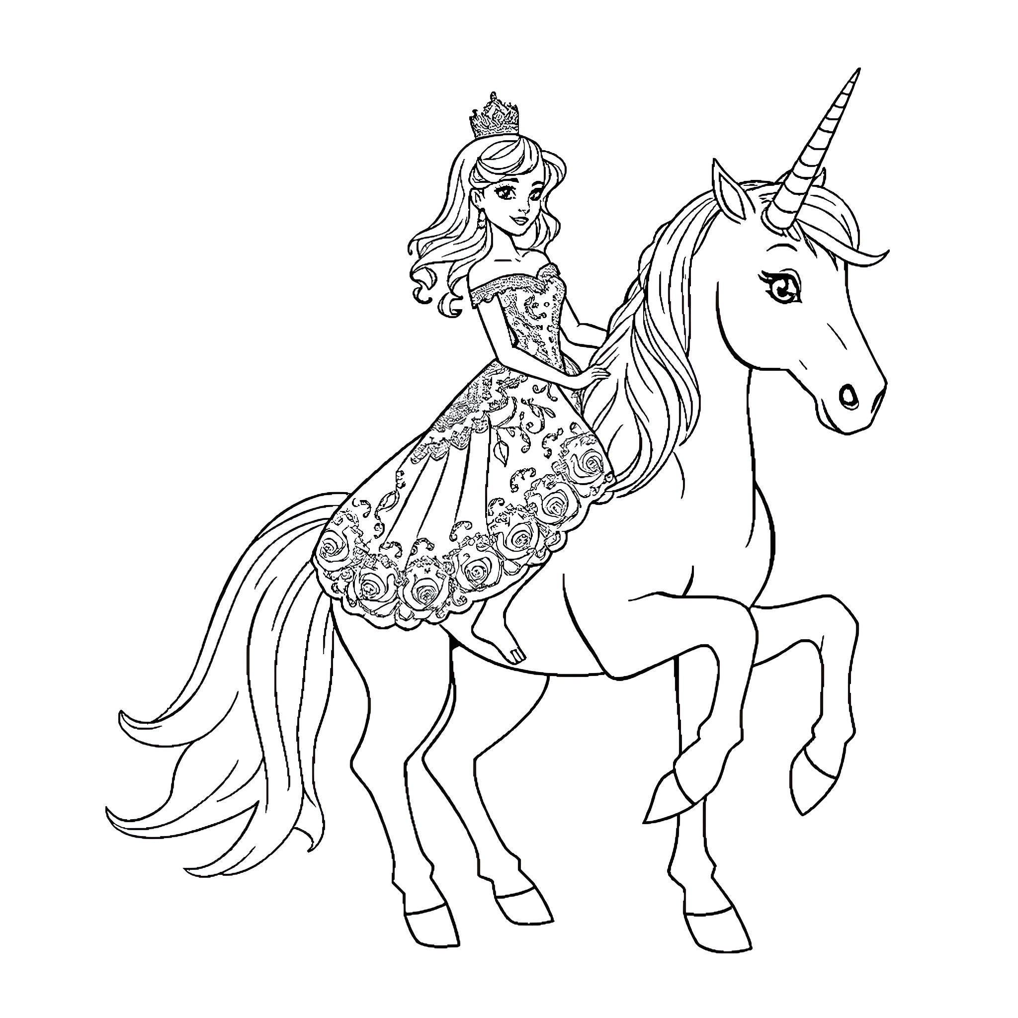 Princess Riding Majestic Unicorn in Enchanting Attire Coloring Page (free black-and-white line drawing printable PDF for all, from beginners to advanced learners, including children, teens, adults, and seniors)