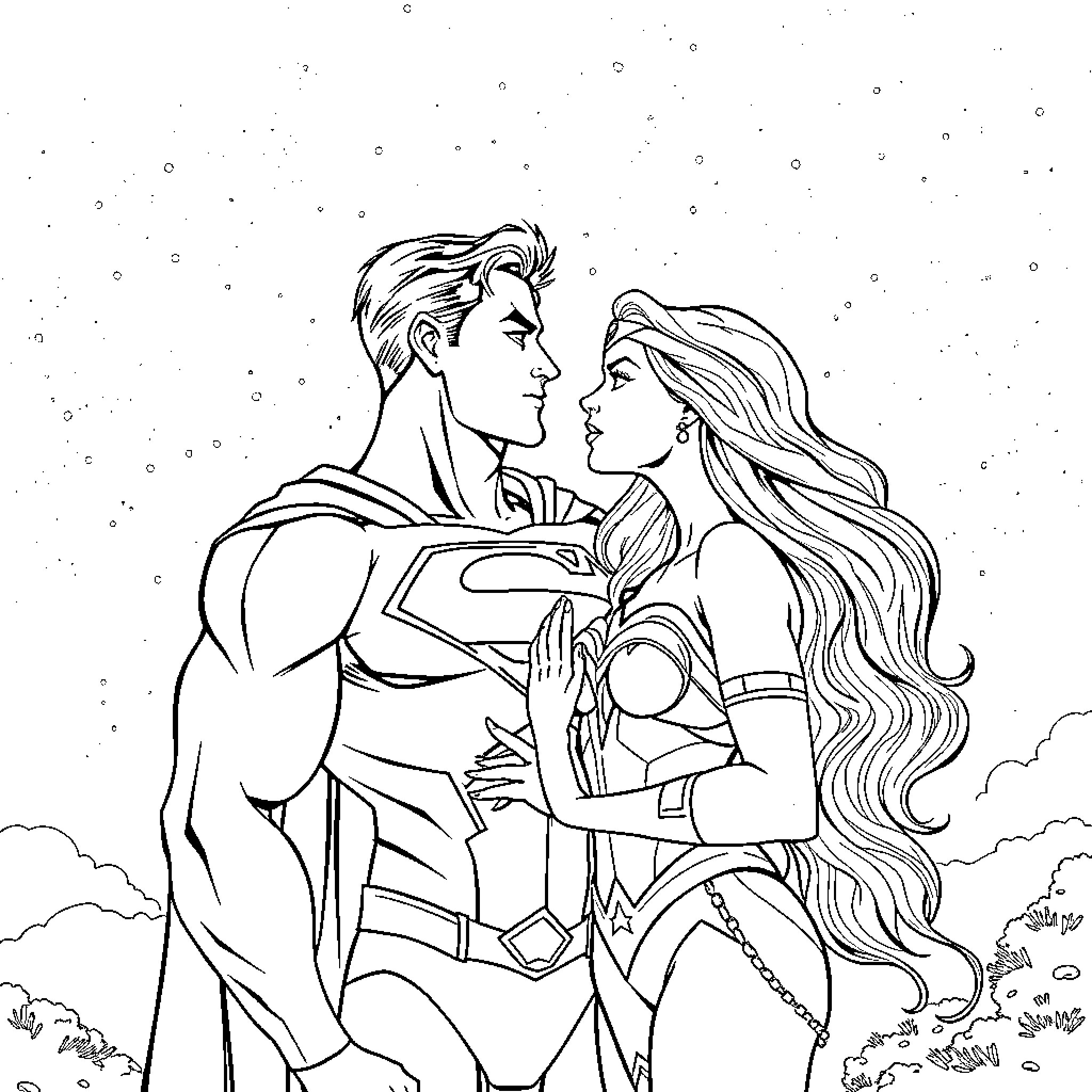 Superman and his love in the starry night Coloring Page (free black-and-white line drawing printable PDF for all, from beginners to advanced learners, including children, teens, adults, and seniors)