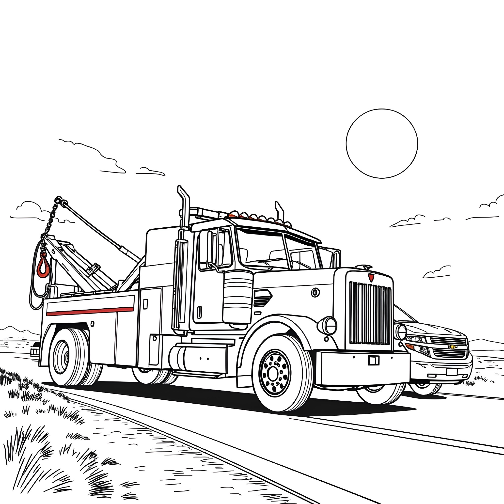 Tow Pickup Truck Transporting Vehicle on Rural Road Coloring Page (free black-and-white line drawing printable PDF for all, from beginners to advanced learners, including children, teens, adults, and seniors)