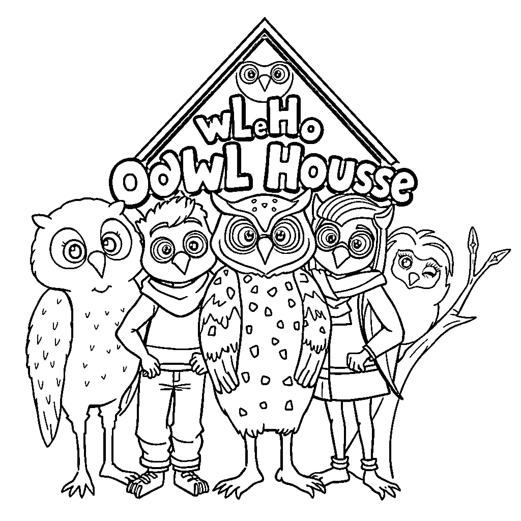 Owl House characters posing outside their home Coloring Page (free black-and-white line drawing printable PDF for all, from beginners to advanced learners, including children, teens, adults, and seniors)