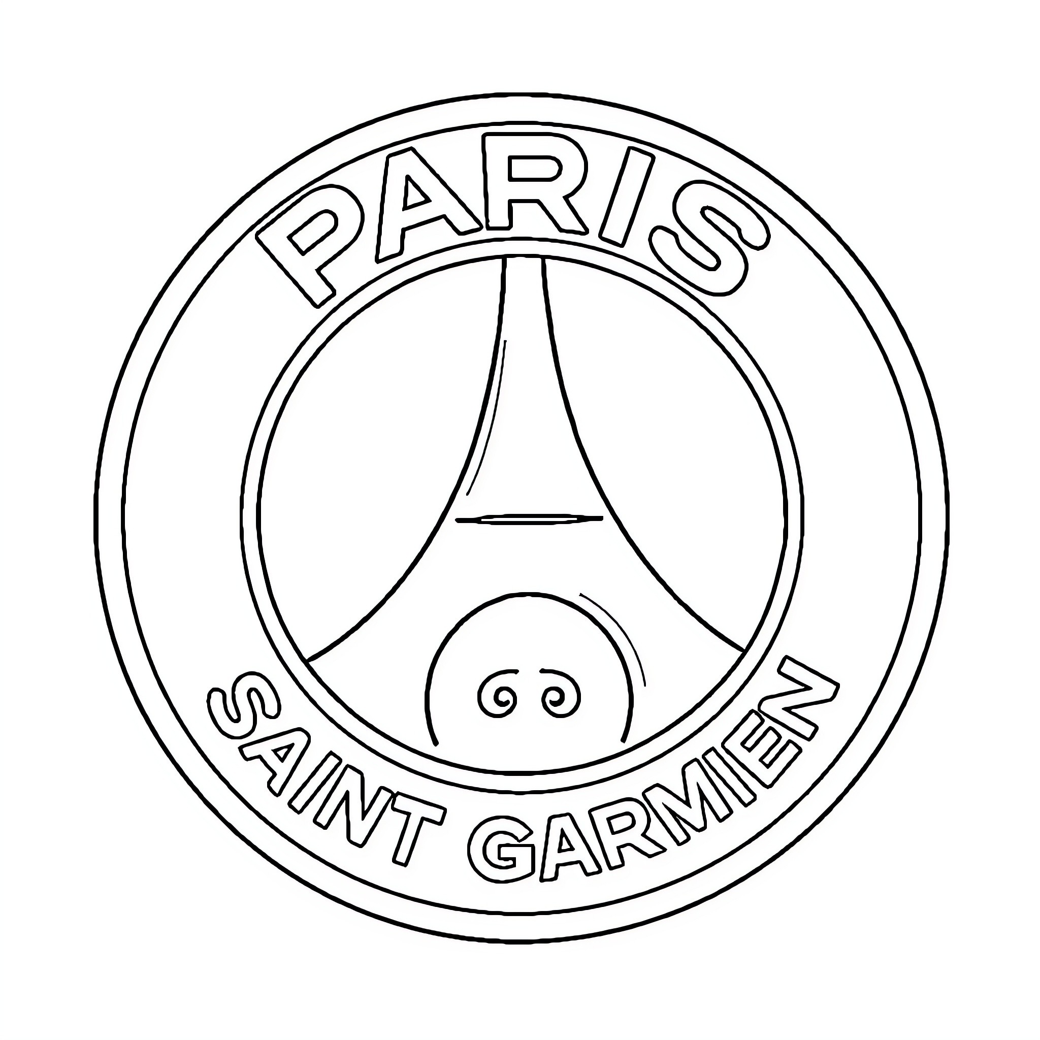 PSG Logo with Eiffel Tower Emblem Coloring Page (free black-and-white line drawing printable PDF for all, from beginners to advanced learners, including children, teens, adults, and seniors)