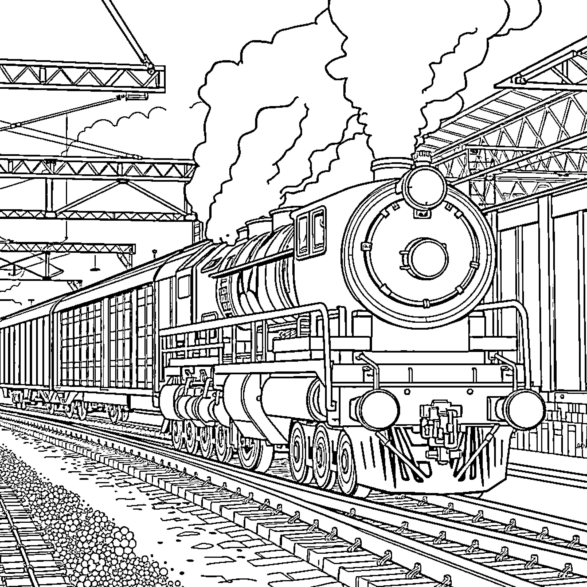 Locomotive Rushing Through the Station Coloring Page (free black-and-white line drawing printable PDF for all, from beginners to advanced learners, including children, teens, adults, and seniors)