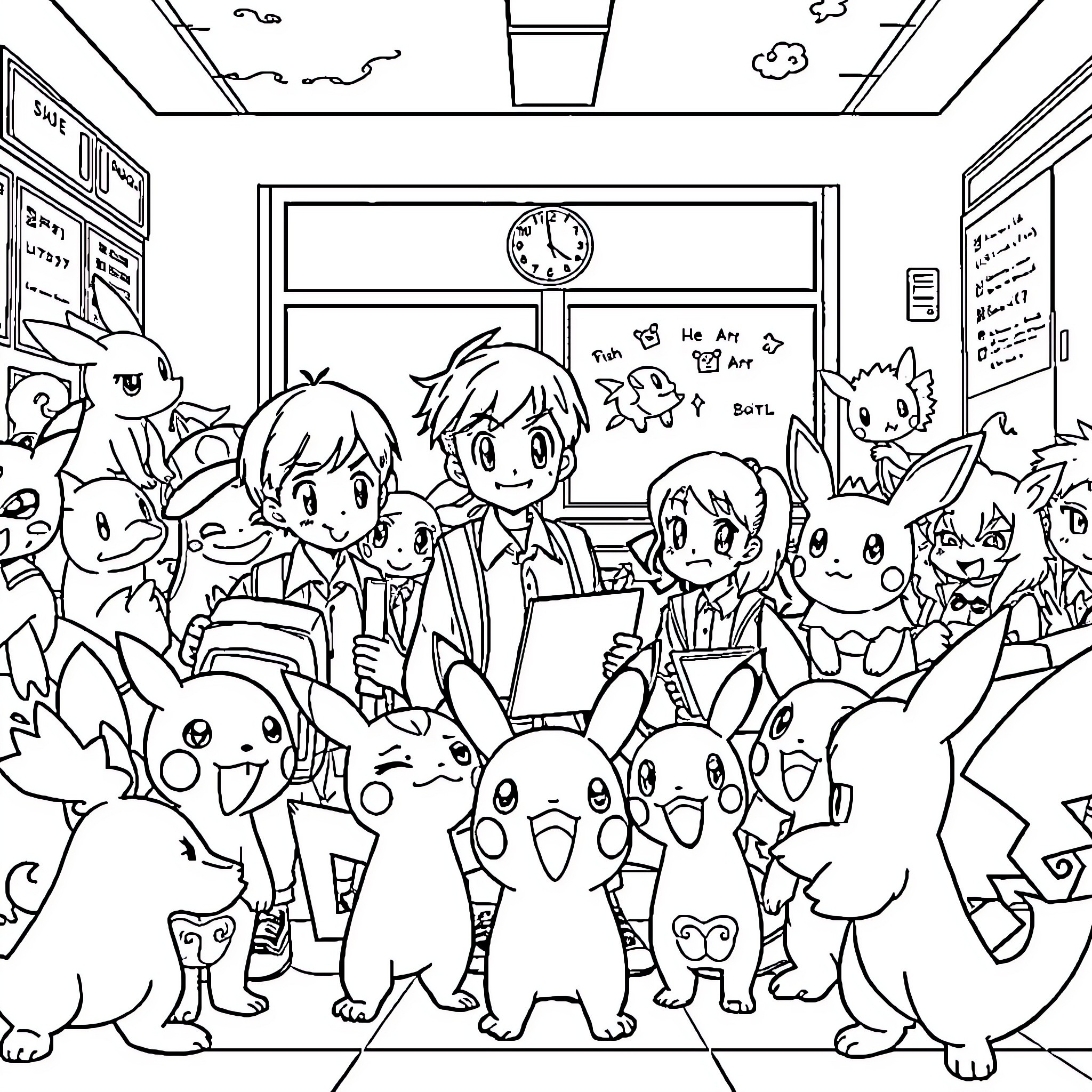 Pokémon Gathering in a Classroom Setting Coloring Page (free black-and-white line drawing printable PDF for all, from beginners to advanced learners, including children, teens, adults, and seniors)
