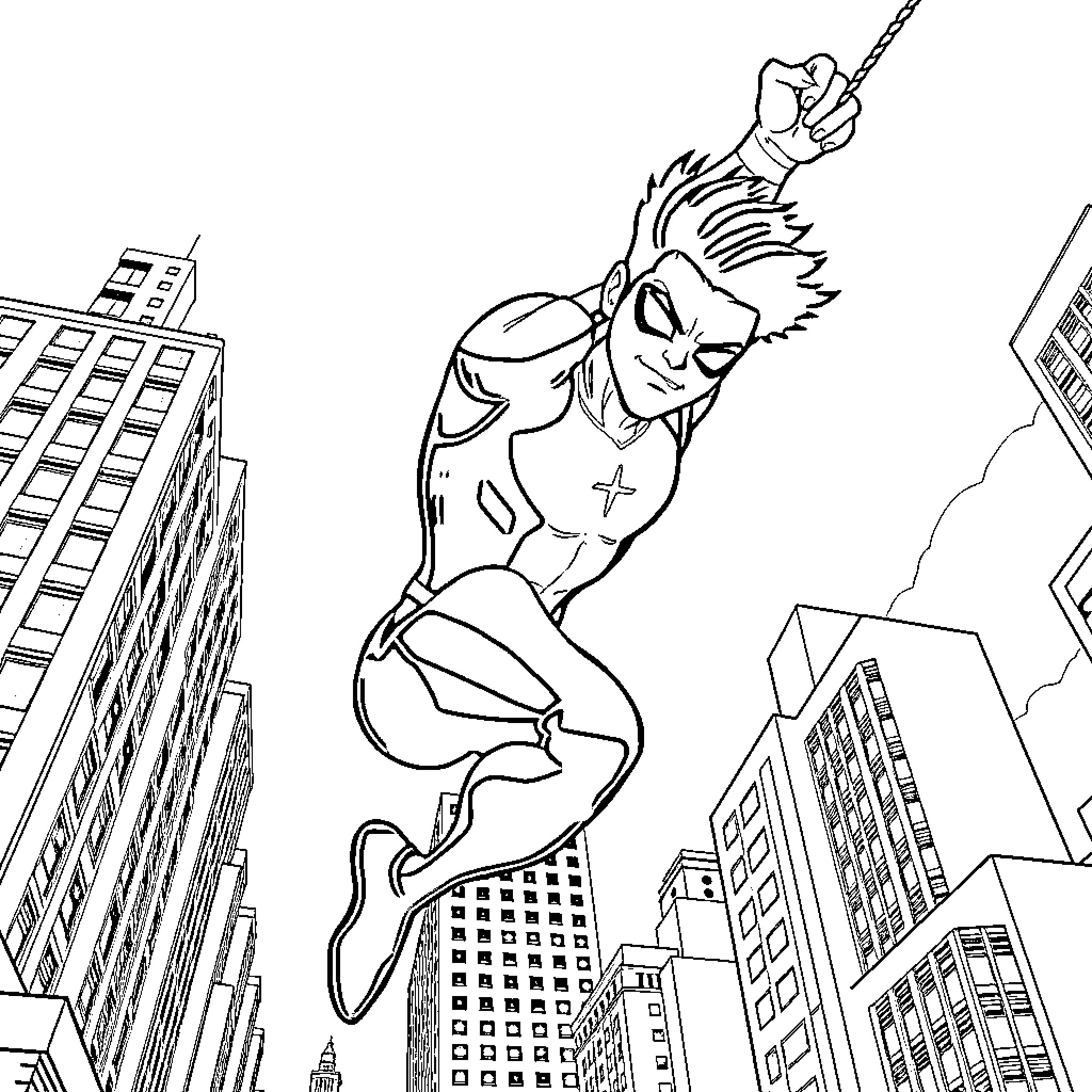 Miles Morales swinging through the city skyscrapers Coloring Page (free black-and-white line drawing printable PDF for all, from beginners to advanced learners, including children, teens, adults, and seniors)