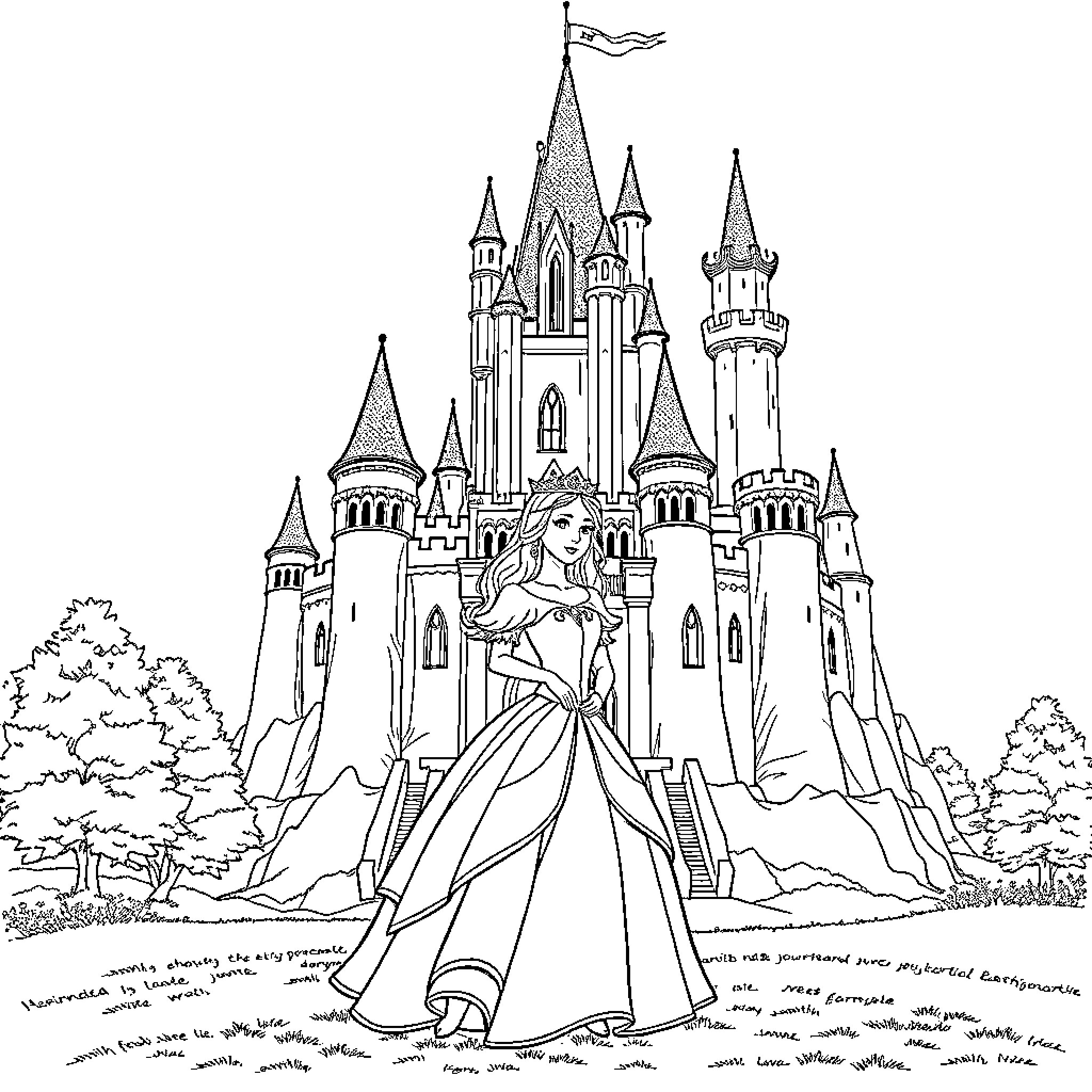 Princess in a majestic castle with spires Coloring Page (free black-and-white line drawing printable PDF for all, from beginners to advanced learners, including children, teens, adults, and seniors)