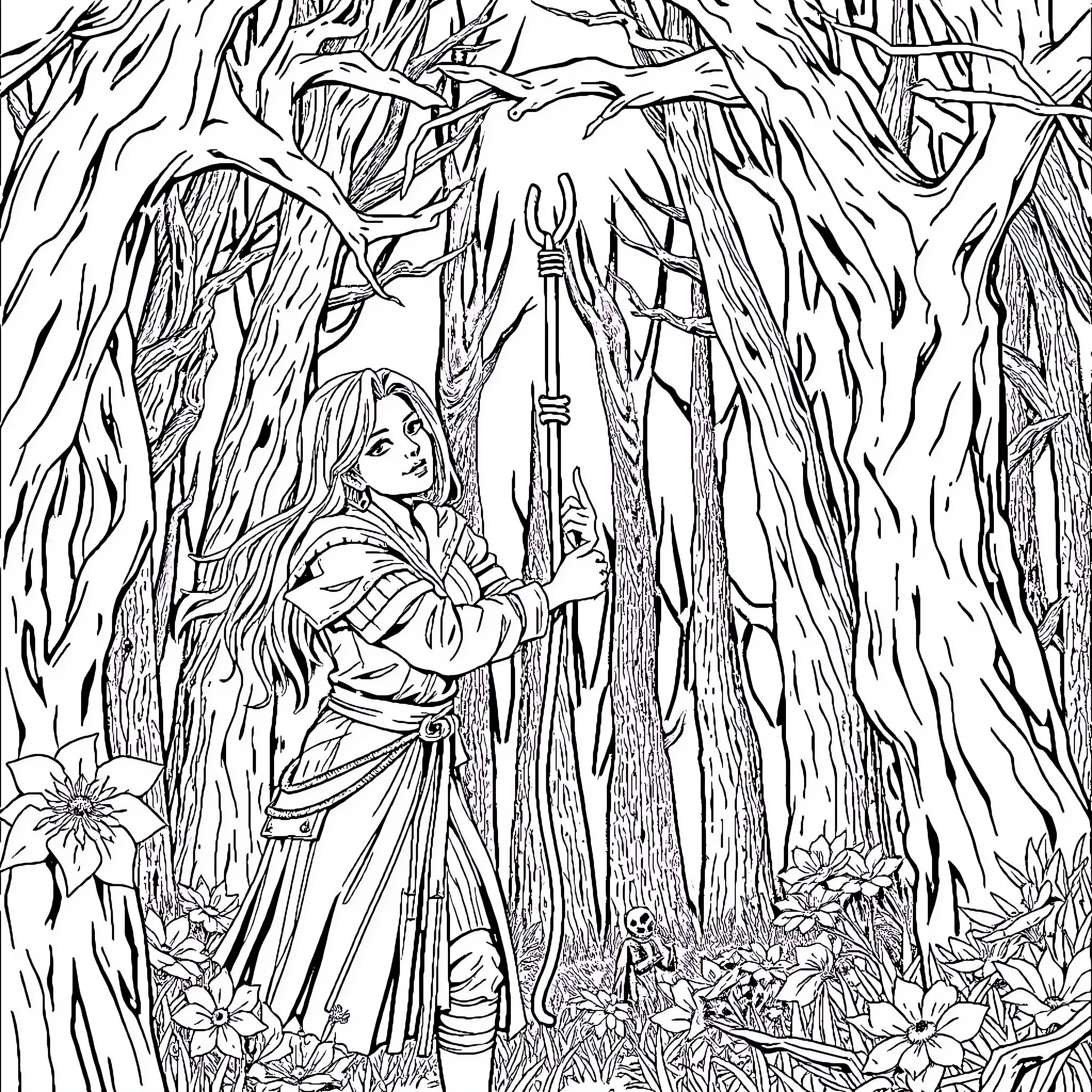 Kate exploring the enchanted forest with her staff Coloring Page (free black-and-white line drawing printable PDF for all, from beginners to advanced learners, including children, teens, adults, and seniors)