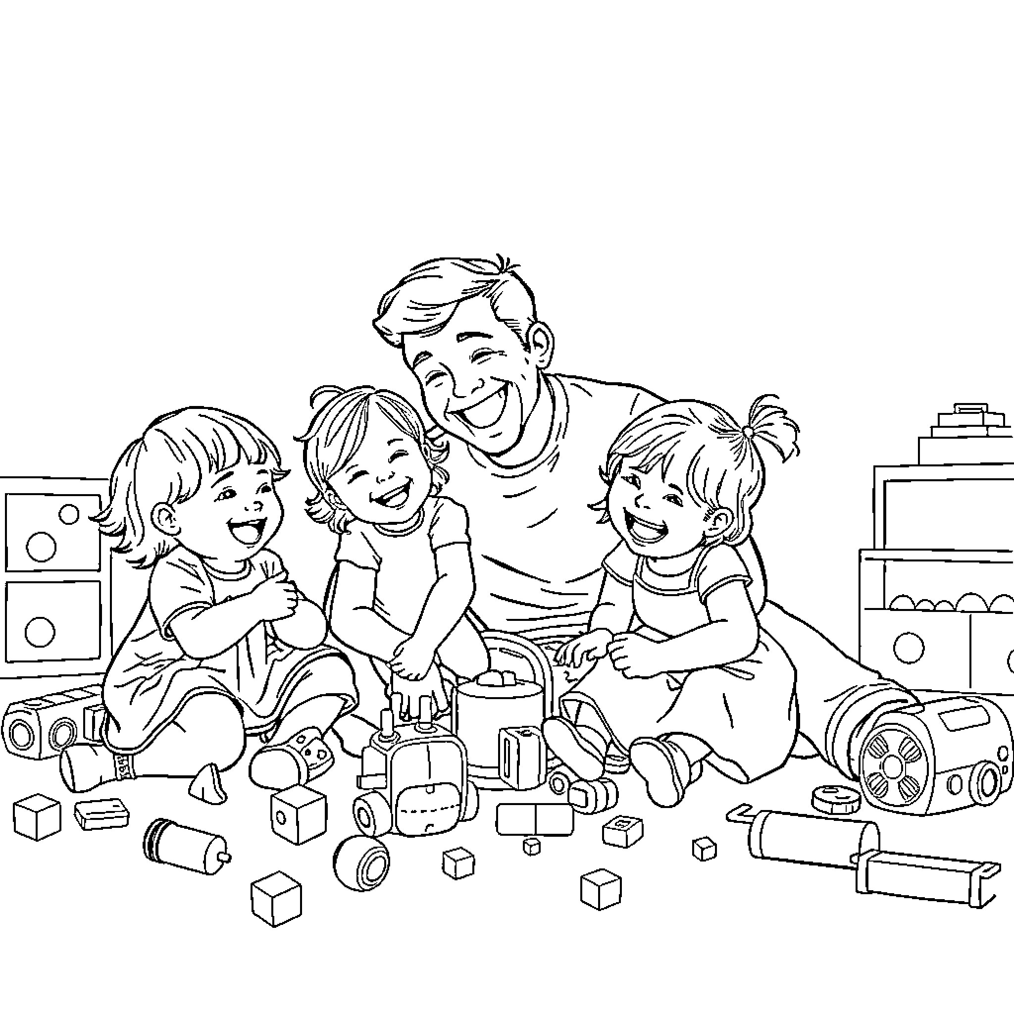 Dad playing happily with children in the playroom Coloring Page (free black-and-white line drawing printable PDF for all, from beginners to advanced learners, including children, teens, adults, and seniors)