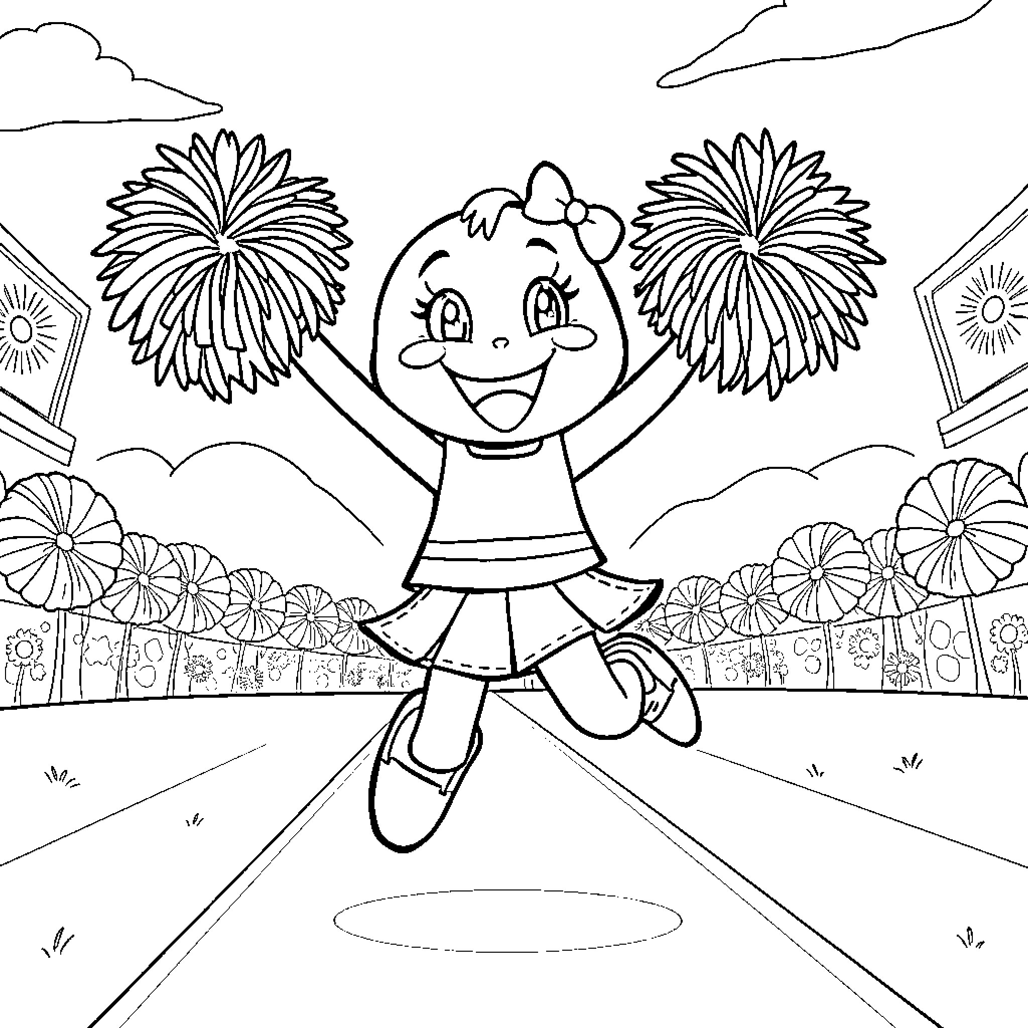 Bluey cheering joyfully with pom-poms Coloring Page (free black-and-white line drawing printable PDF for all, from beginners to advanced learners, including children, teens, adults, and seniors)