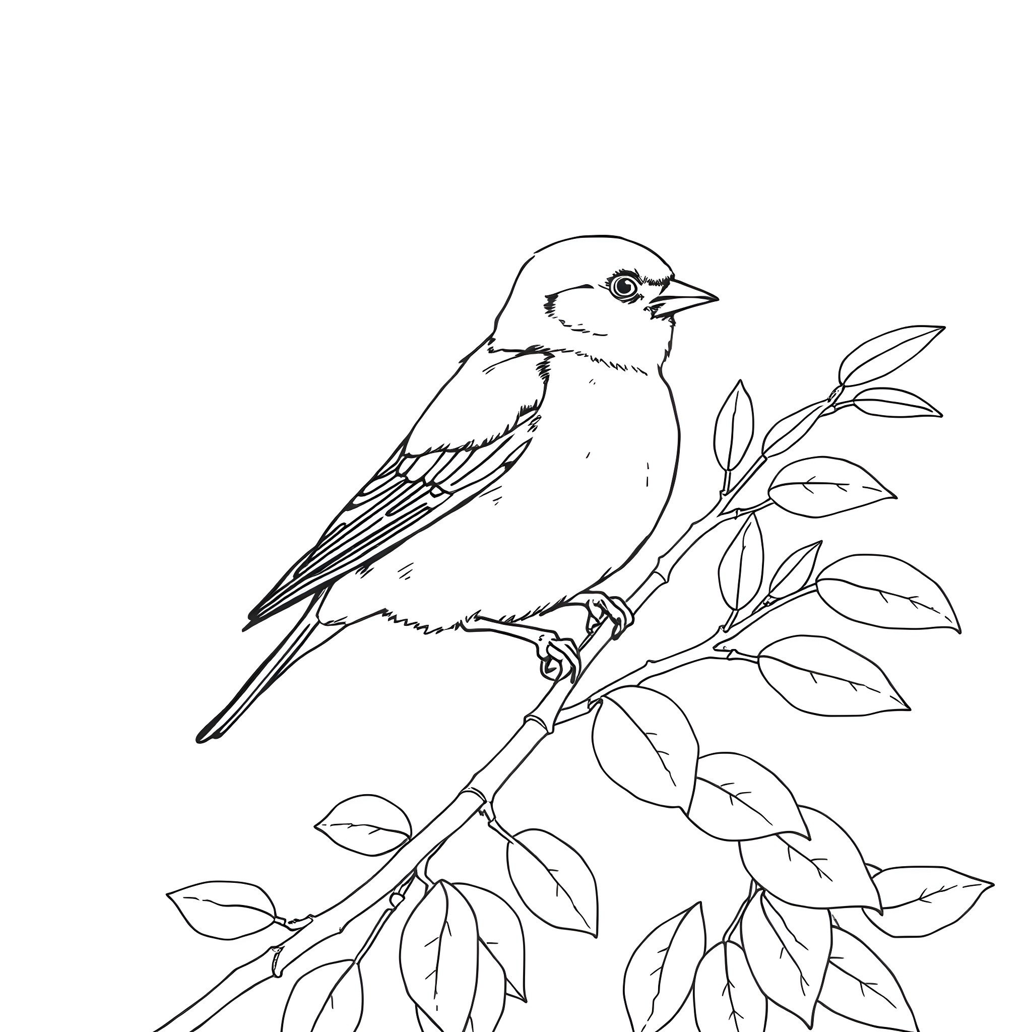 Goldfinch perched on a branch with leaves Coloring Page (free black-and-white line drawing printable PDF for all, from beginners to advanced learners, including children, teens, adults, and seniors)