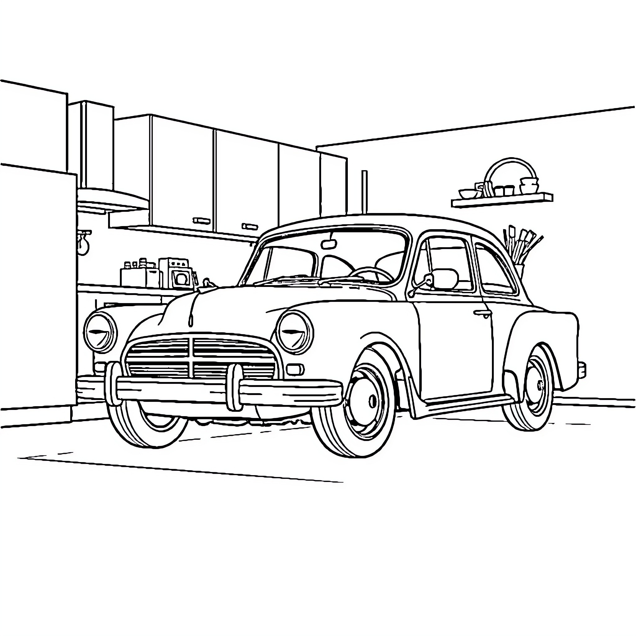 Ertoga Car in Vintage Garage Setting Coloring Page (free black-and-white line drawing printable PDF for all, from beginners to advanced learners, including children, teens, adults, and seniors)