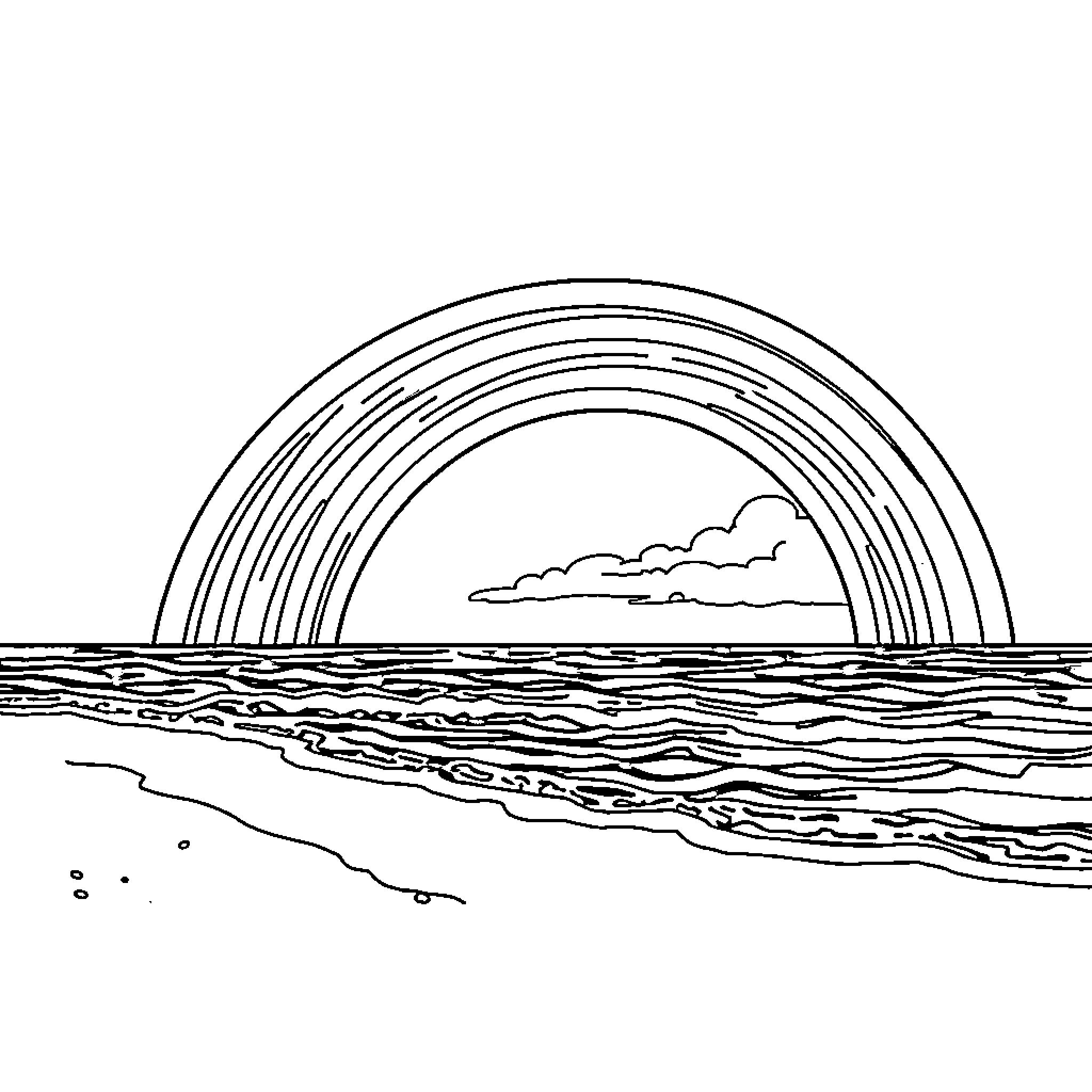 Rainbow Arch Over the Serene Ocean Waves Coloring Page (free black-and-white line drawing printable PDF for all, from beginners to advanced learners, including children, teens, adults, and seniors)