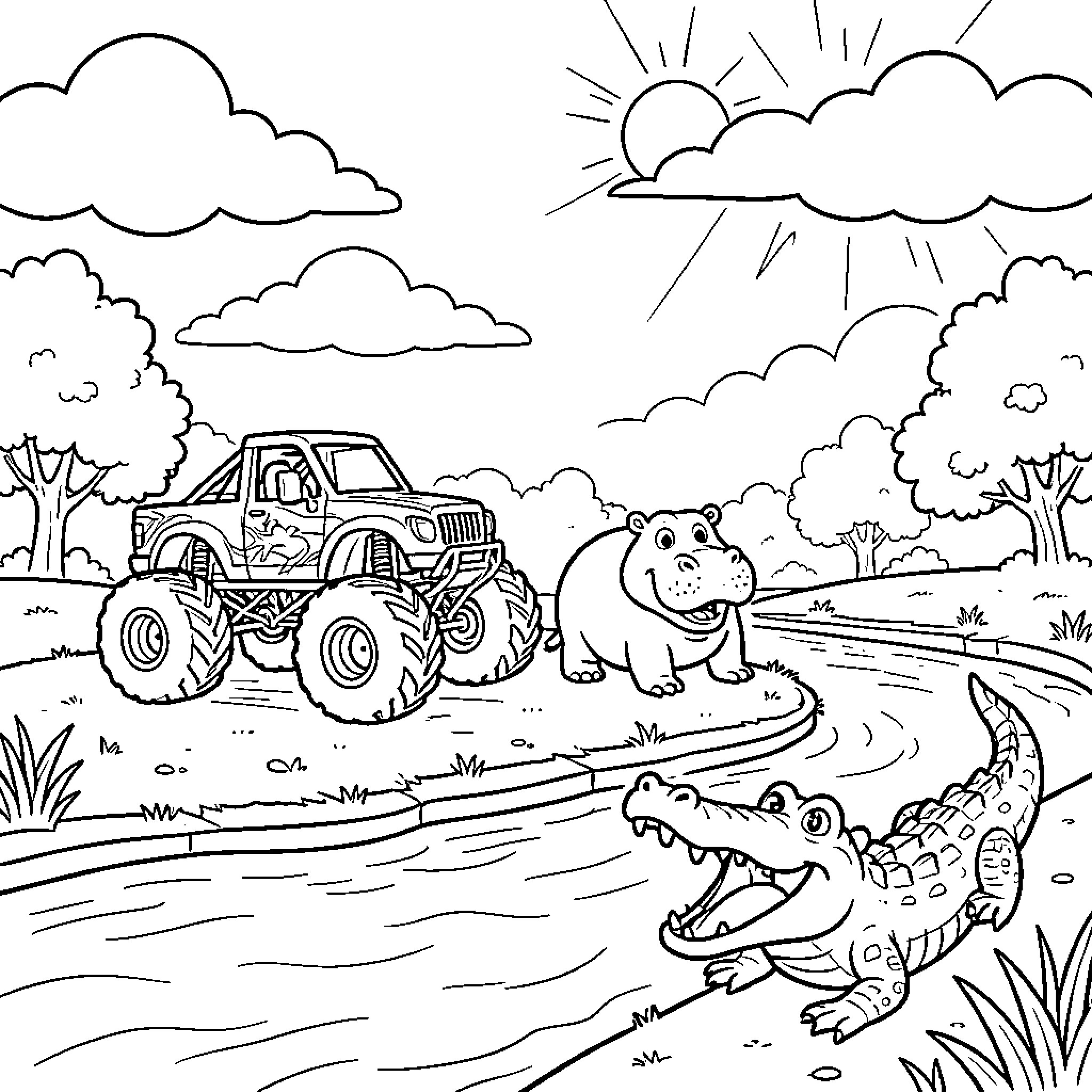Monster Truck navigating through wilderness with animals Coloring Page (free black-and-white line drawing printable PDF for all, from beginners to advanced learners, including children, teens, adults, and seniors)