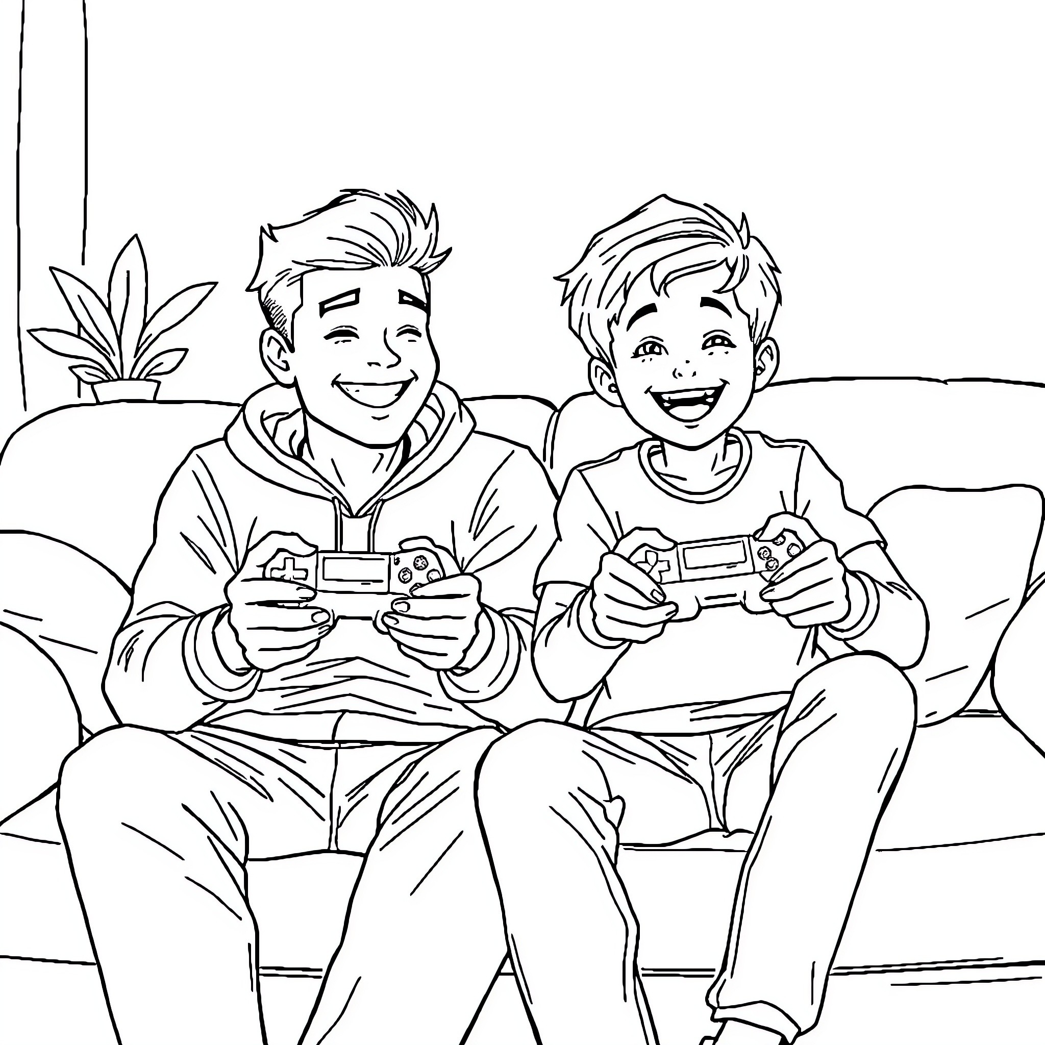 Lamine Yamal playing video games with friend Coloring Page (free black-and-white line drawing printable PDF for all, from beginners to advanced learners, including children, teens, adults, and seniors)